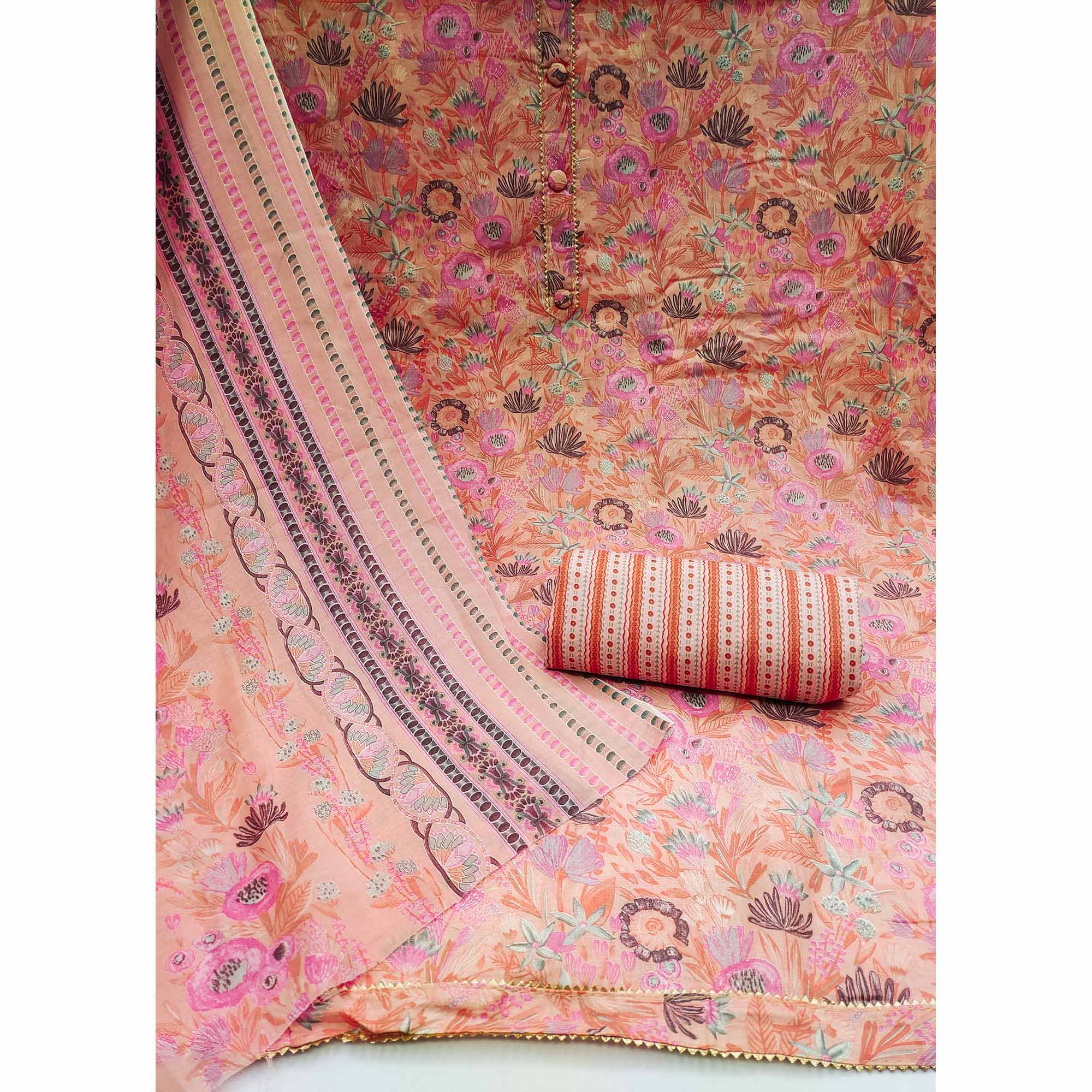 Peach Floral Printed Cotton Blend Dress Material