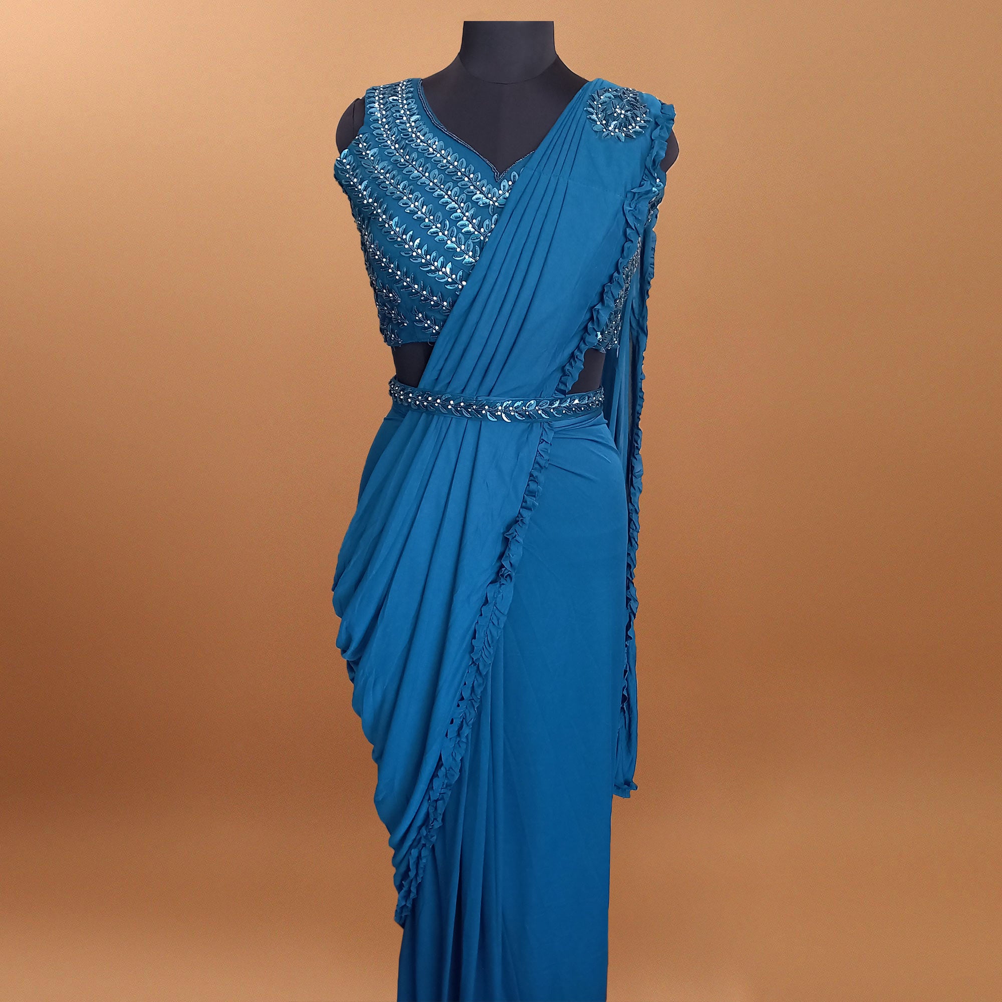 Blue Floral With Solid Ready to Wear Lycra Saree