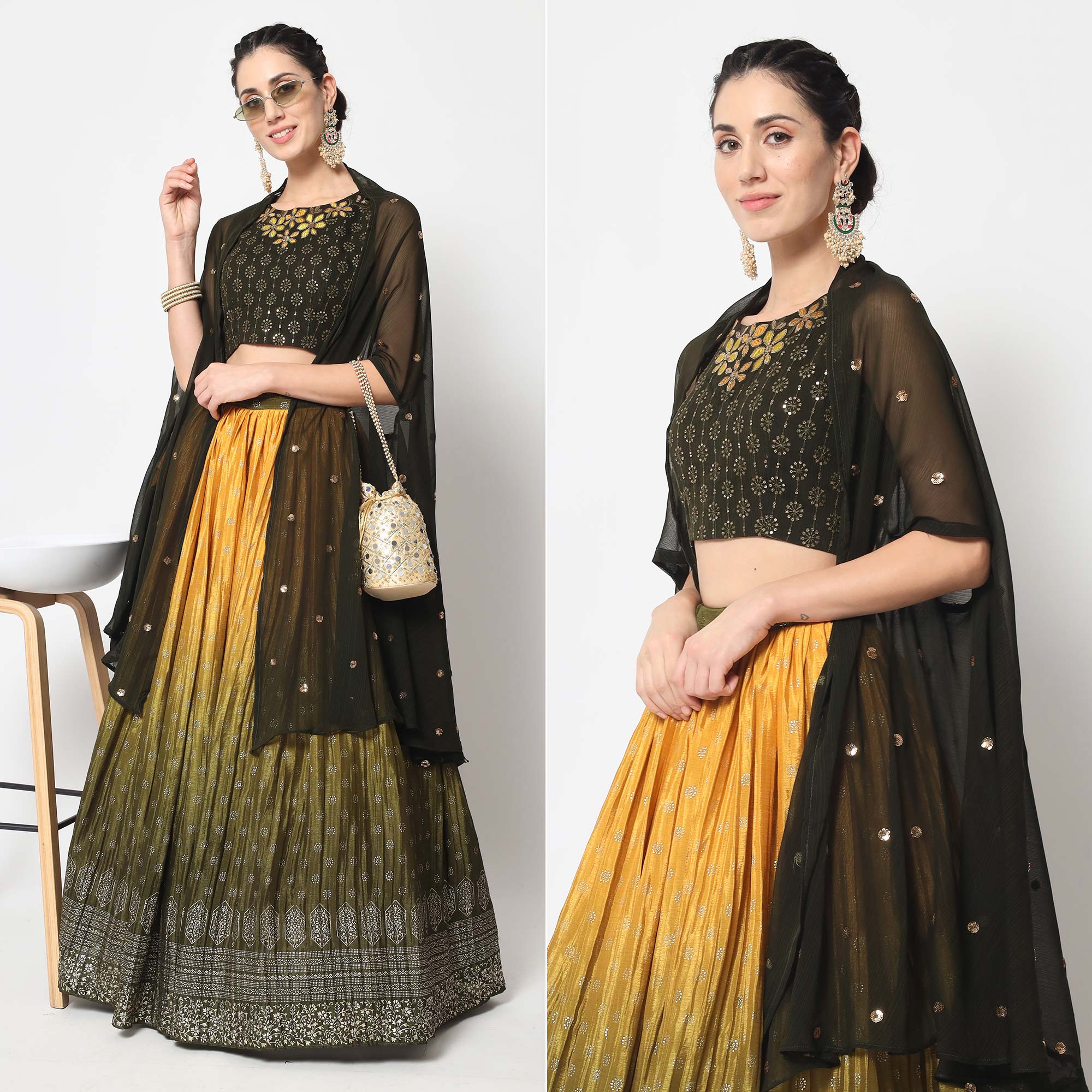 Mustard & Olive Foil Printed Chiffon Lehenga Choli