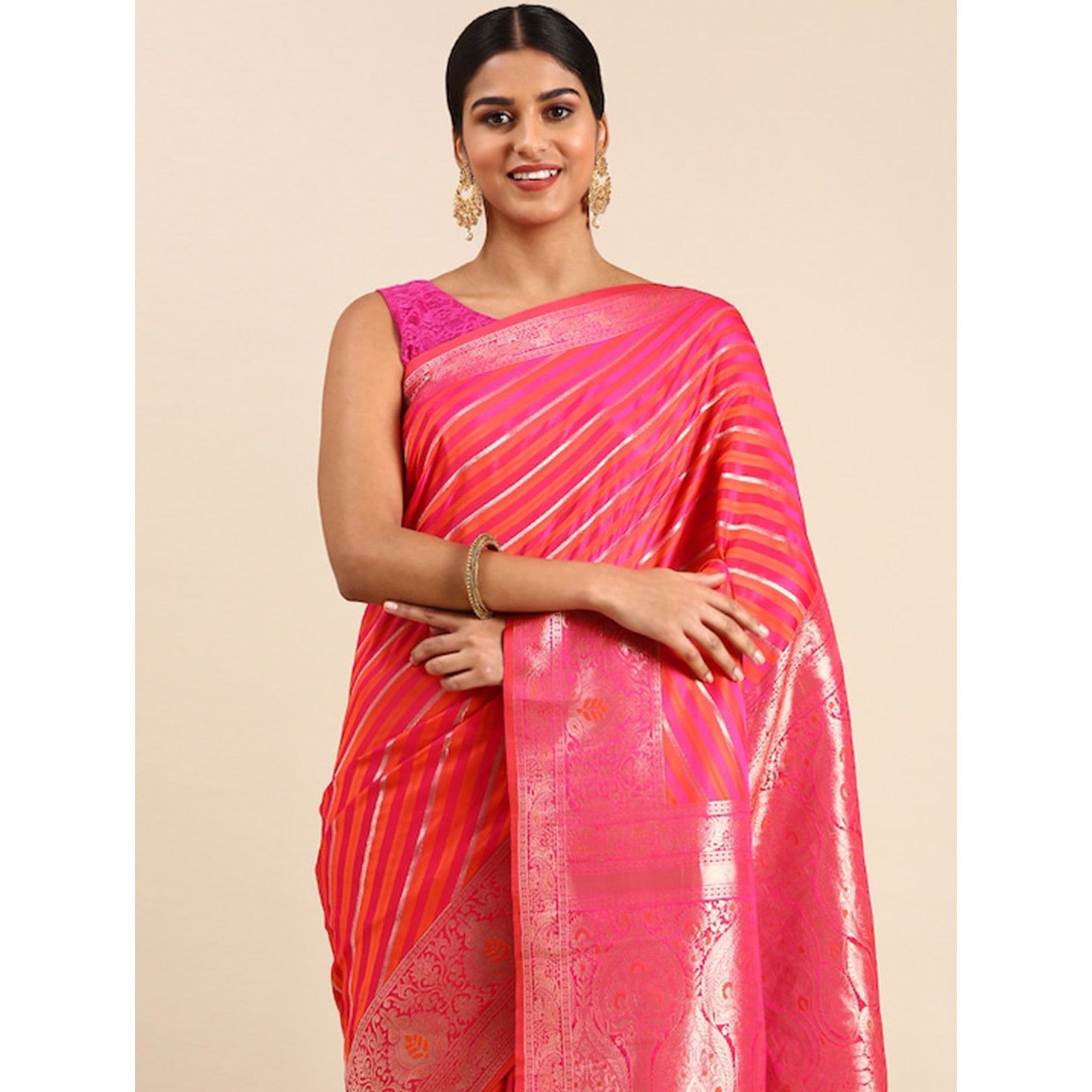 Pink Woven Kanjivaram Silk Saree WithTassels