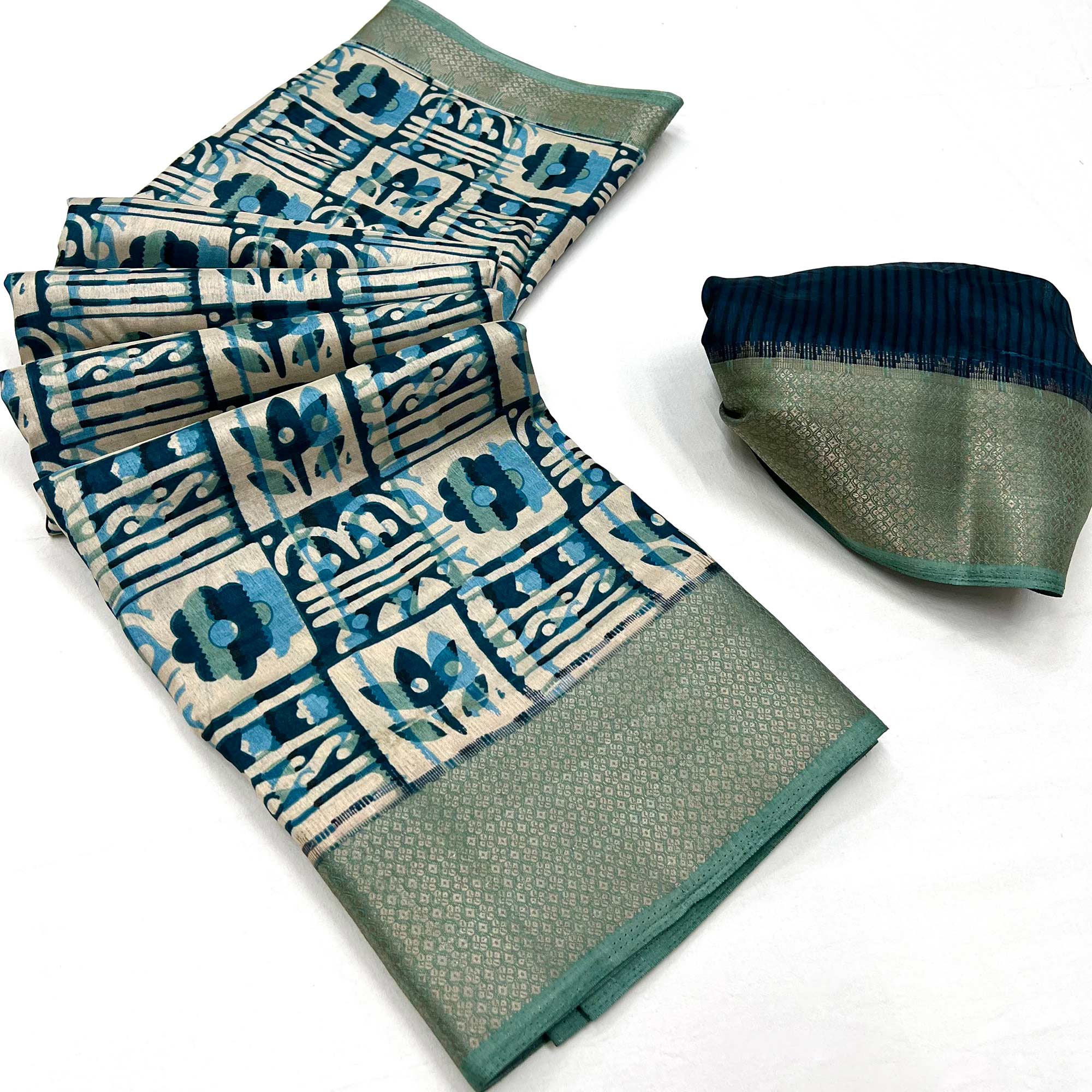 Blue Printed With Woven Border Dola Silk Saree