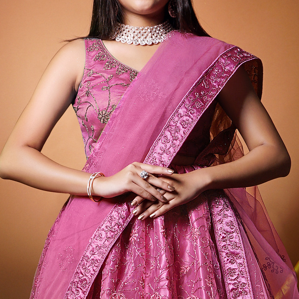 Pink Floral Embroidered Net Lehenga Choli