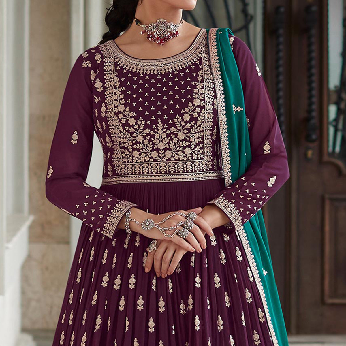 Purple Floral Sequins Embroidered Georgette Sharara Suit