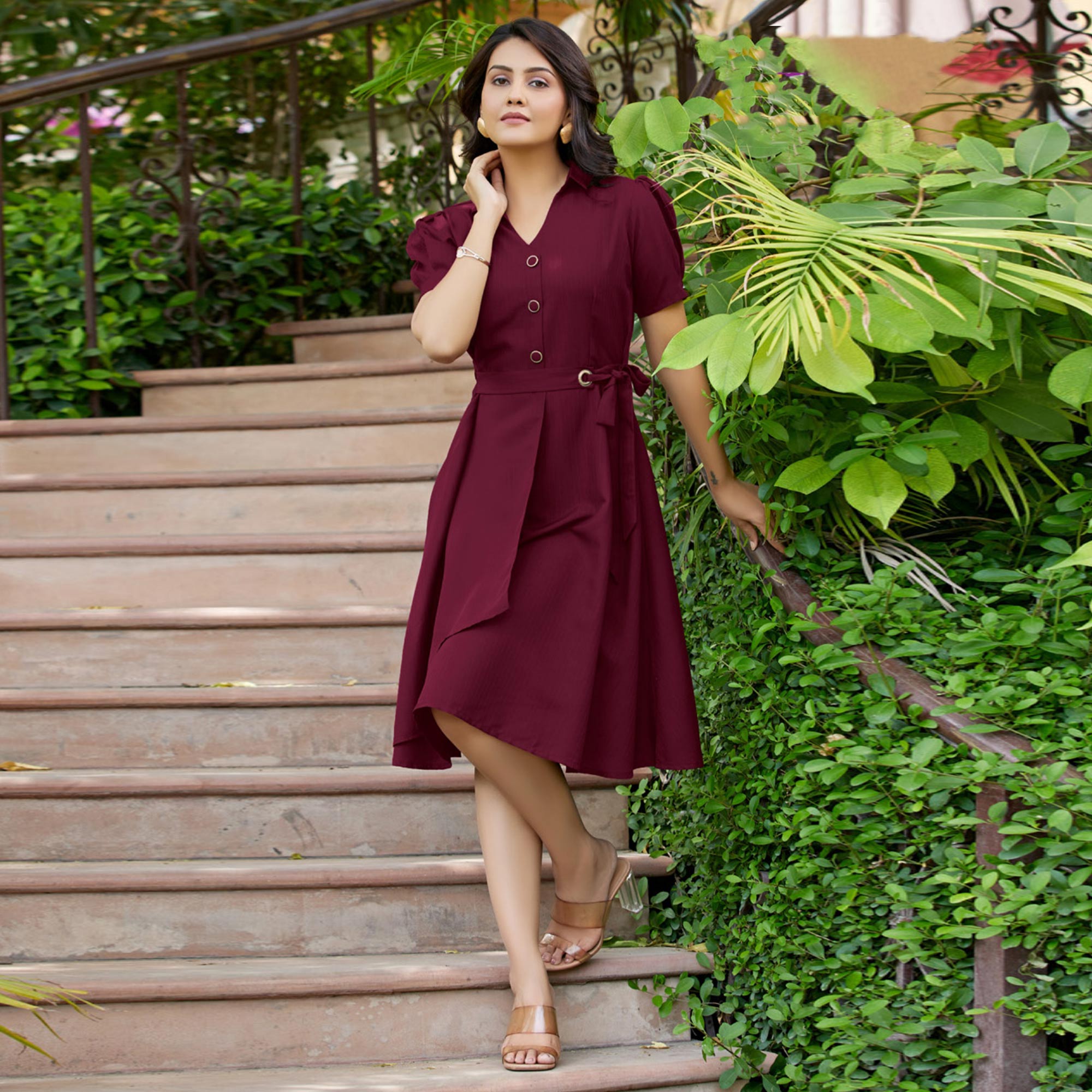 Wine Solid Cotton Dress