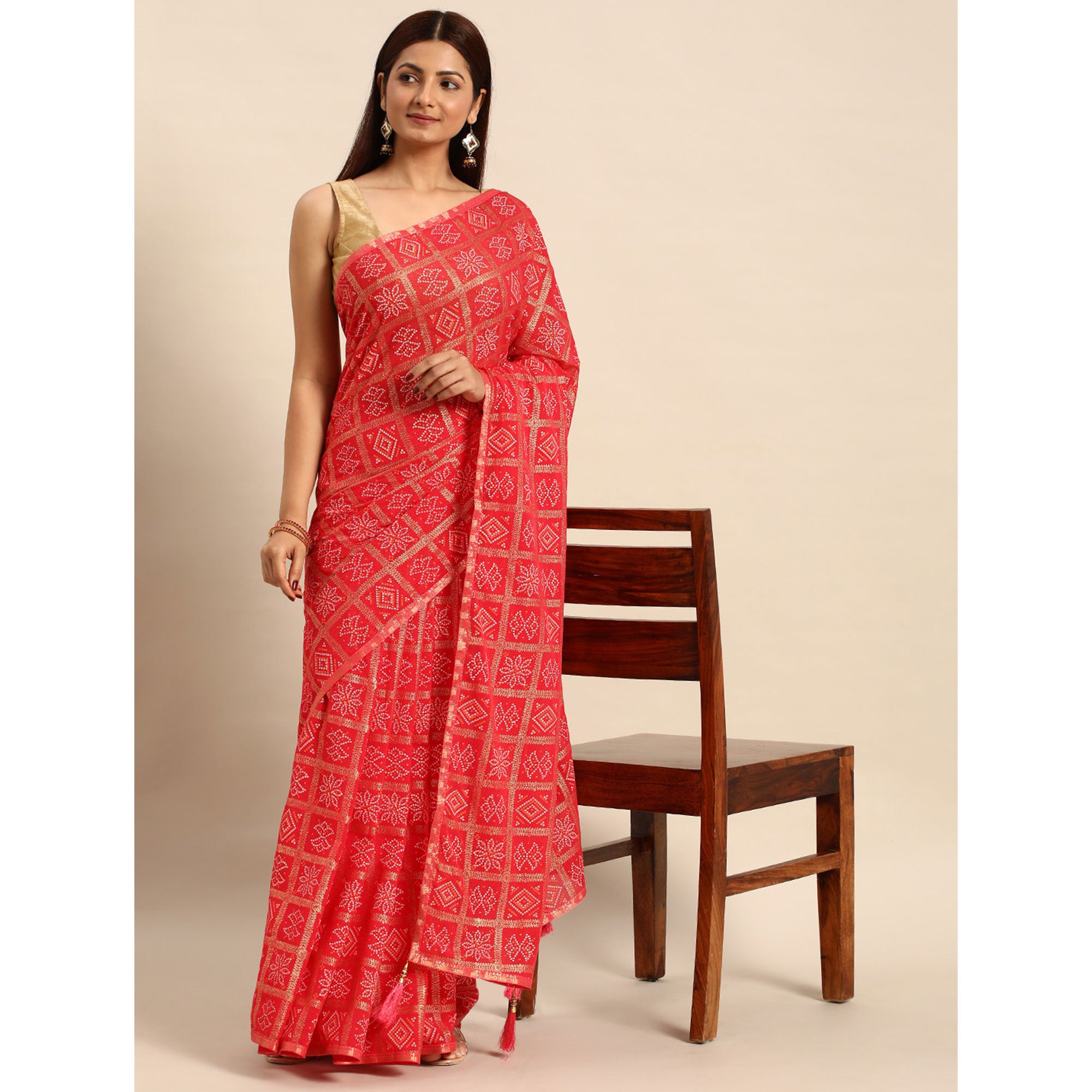 Pink Bandhani Foil Printed Zomato Saree With Tassels