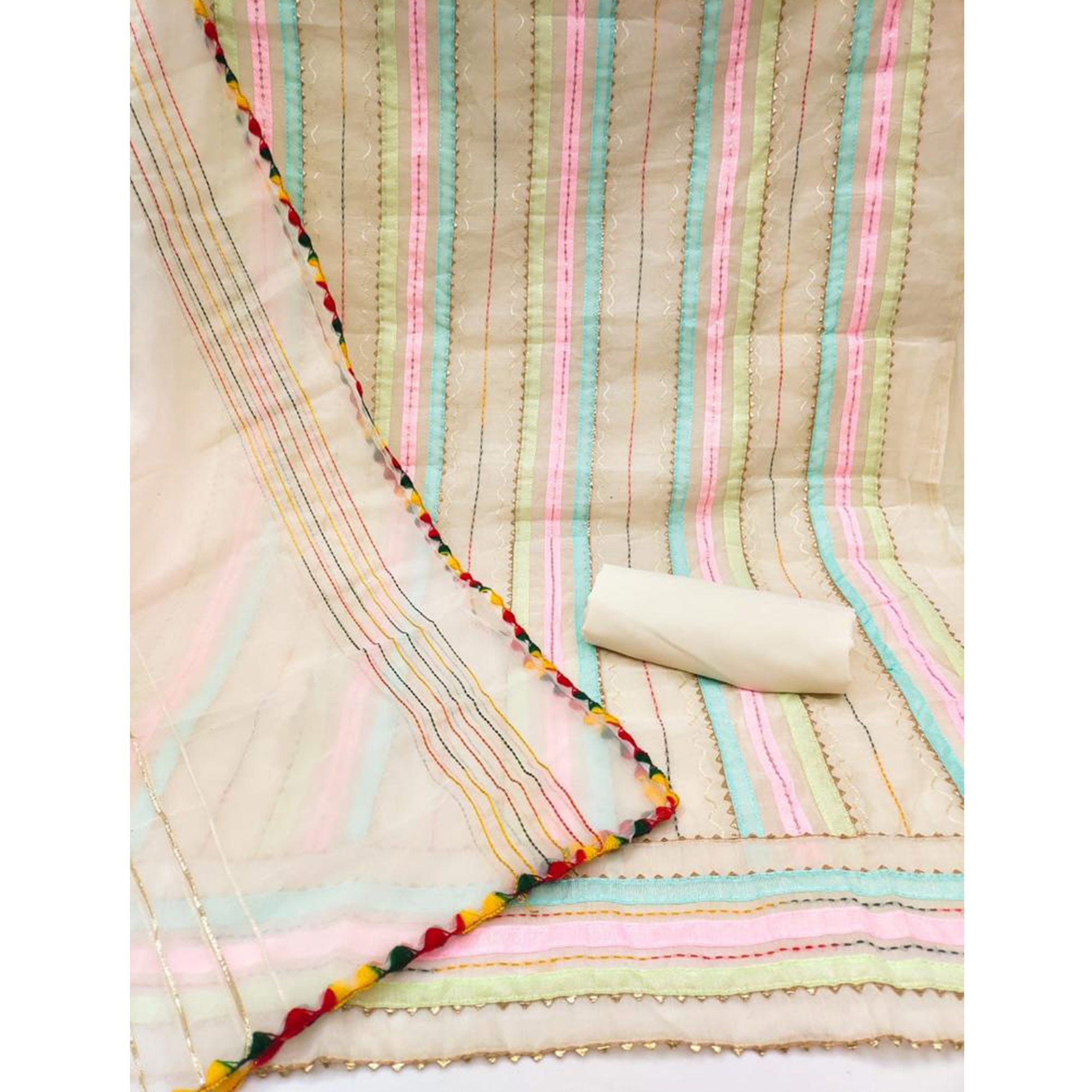 Off White Sequins Embroidered Chanderi Dress Material