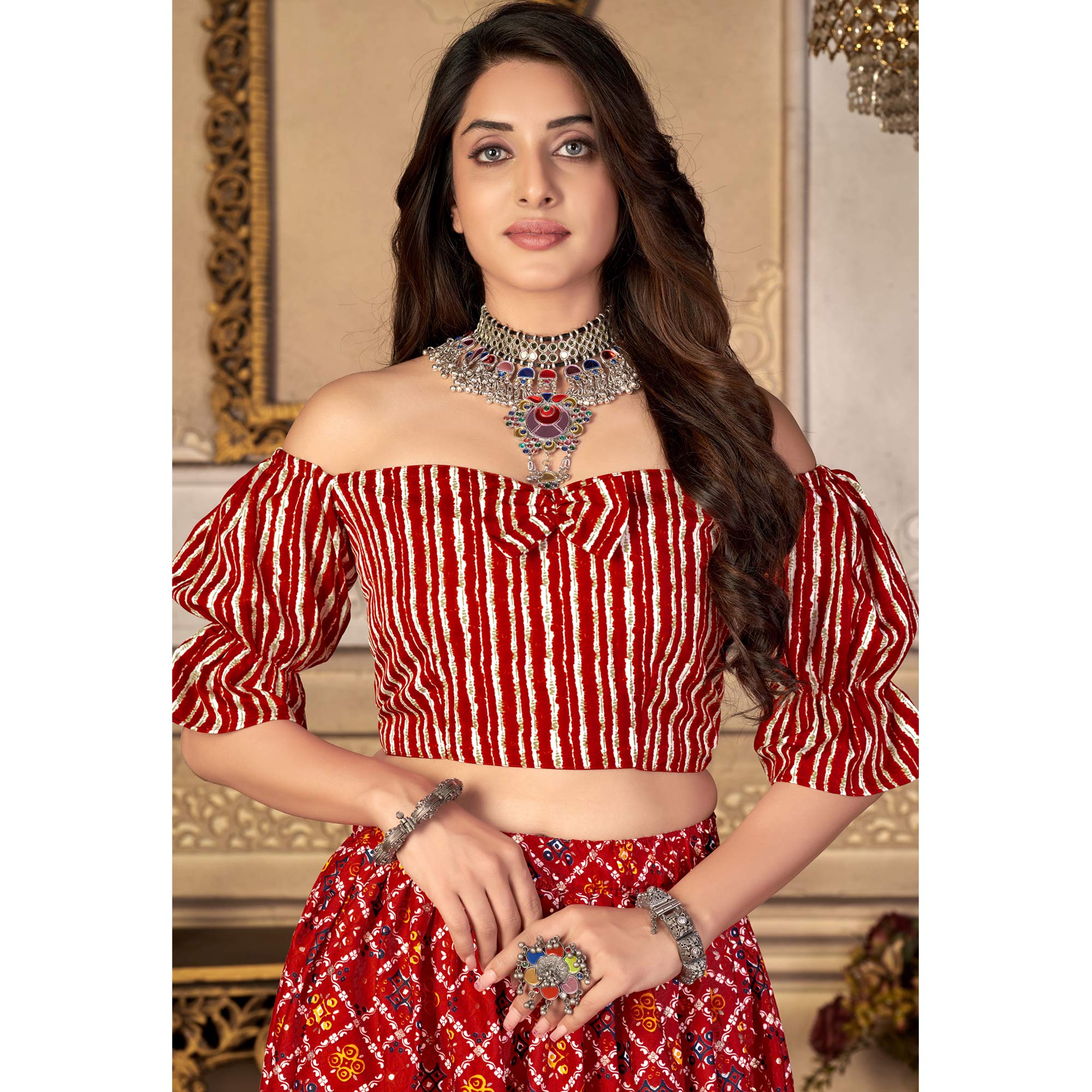 Red Printed Crepe Top Skirt Set