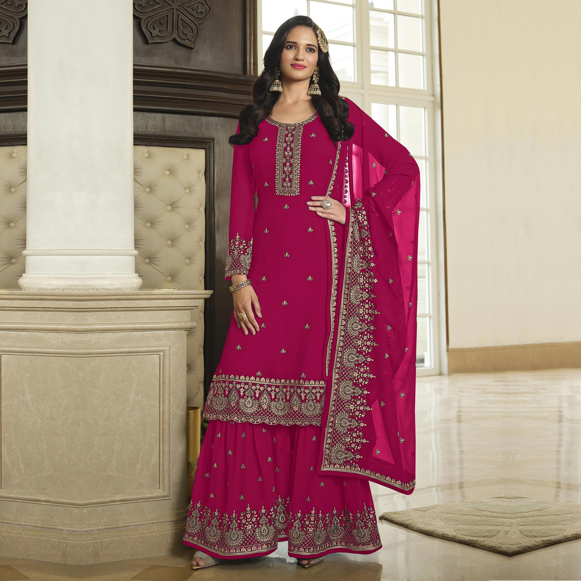 Pink Floral Embroidered Georgette Sharara Suit