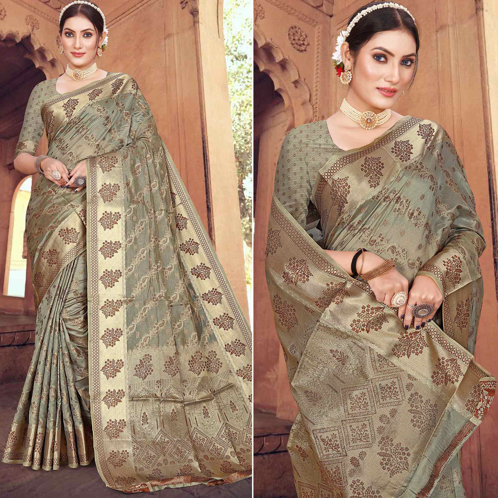 Grey Floral Woven Organza Saree