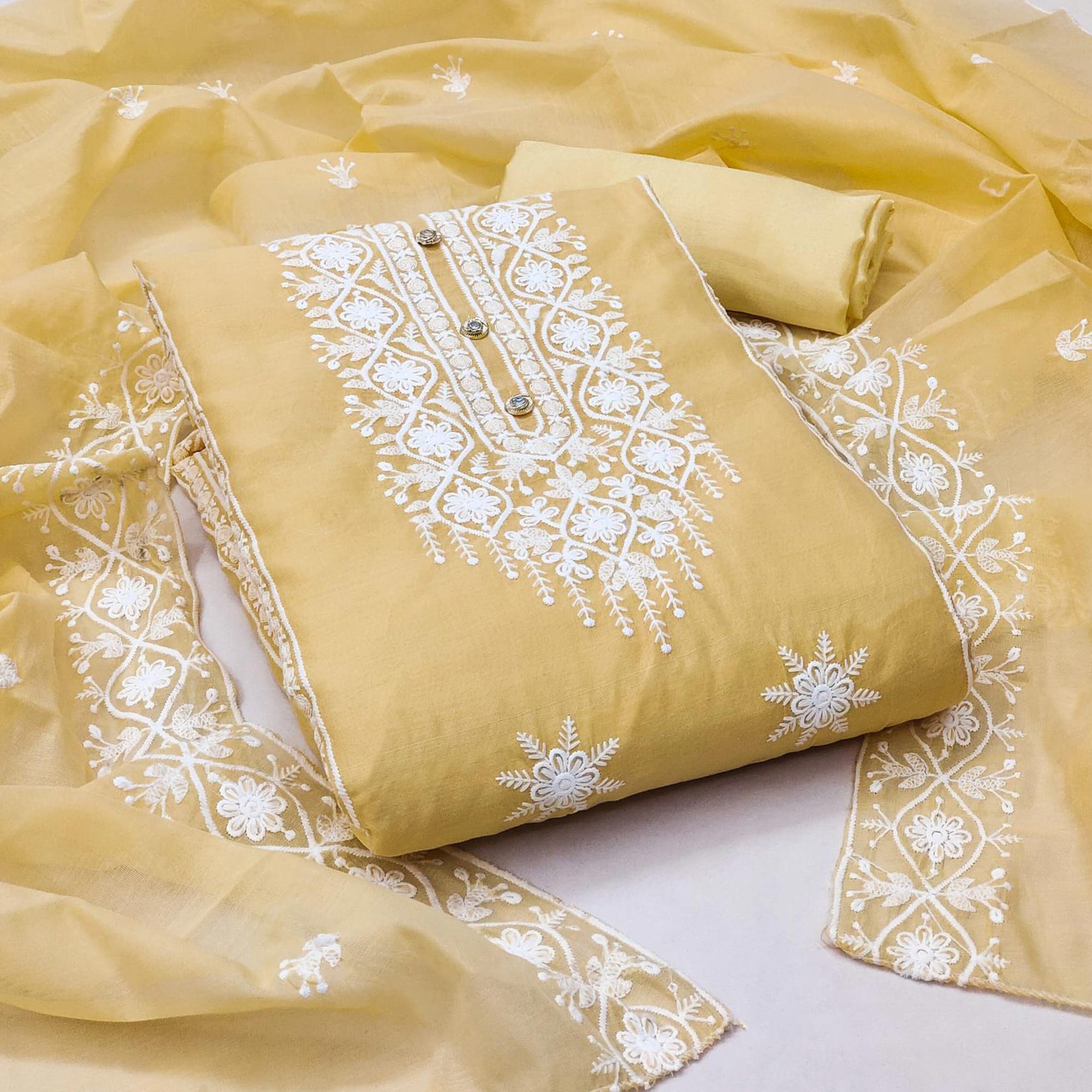Yellow Floral Embroidered Chanderi Dress Material