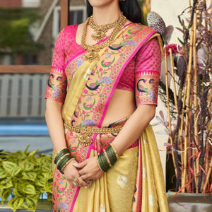 Beige Woven Kanjivaram Silk Paithani Saree With Tassels