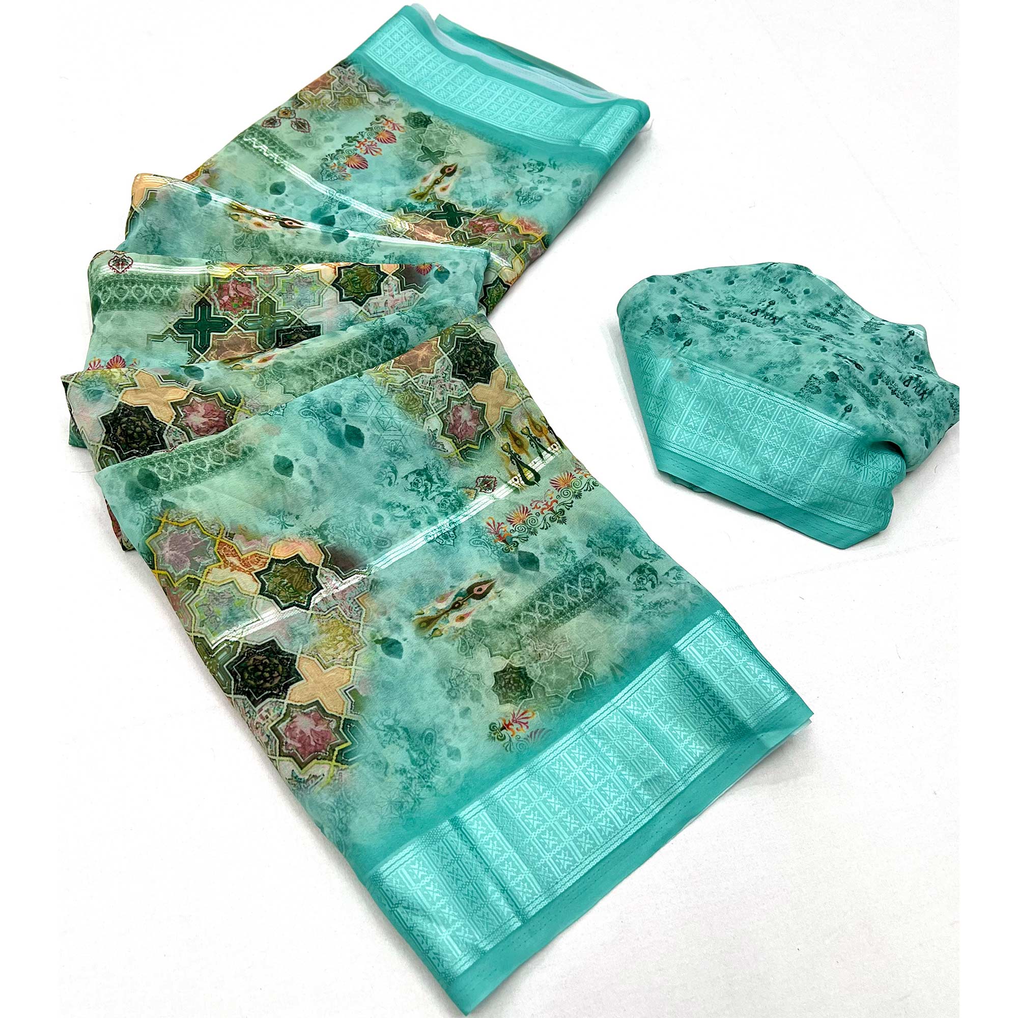 Turquoise Digital Printed Viscose Saree
