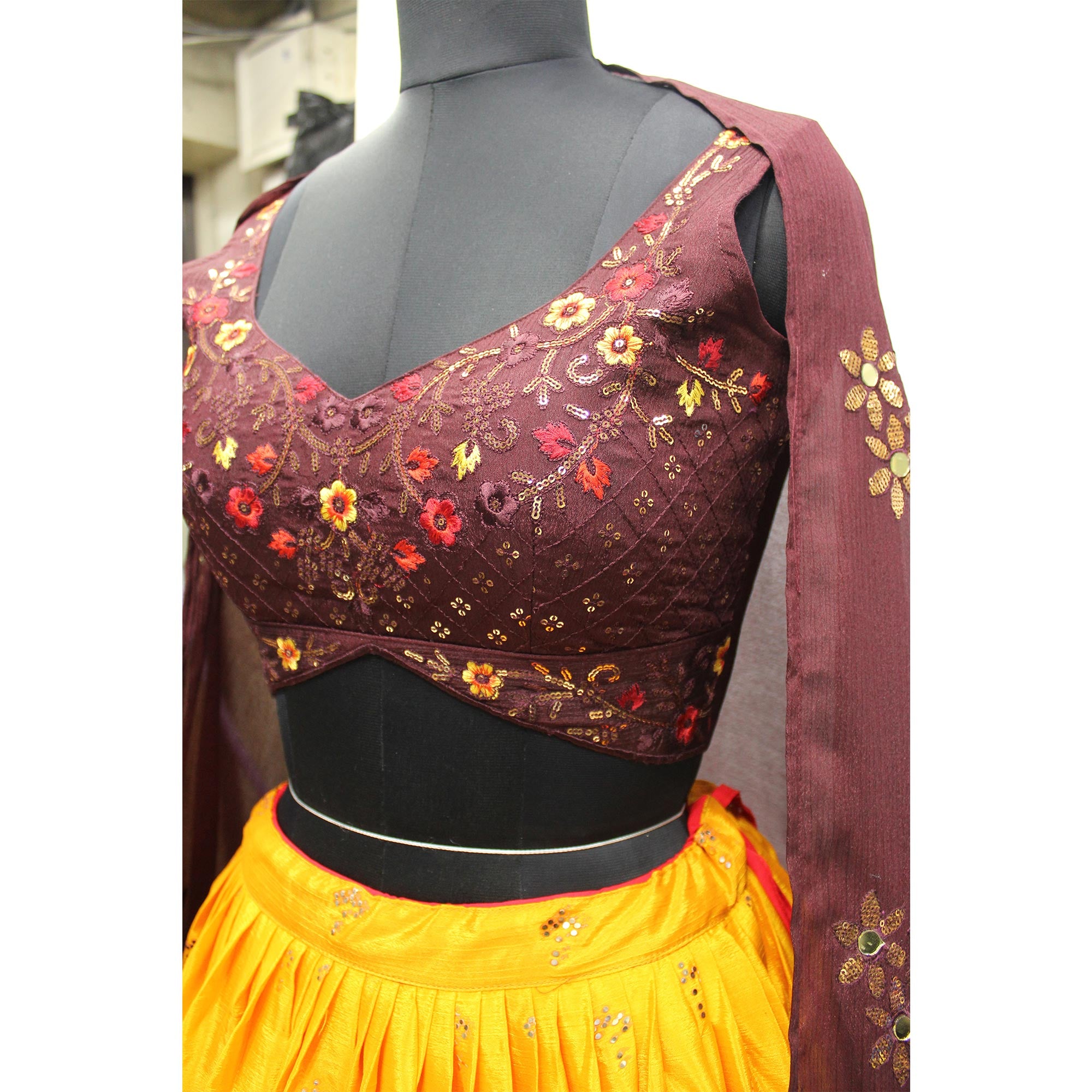 Orange & Wine Embellished Mirror Work Georgette Lehenga Choli