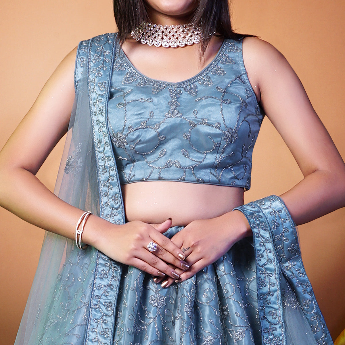 Grey Floral Embroidered Net Lehenga Choli