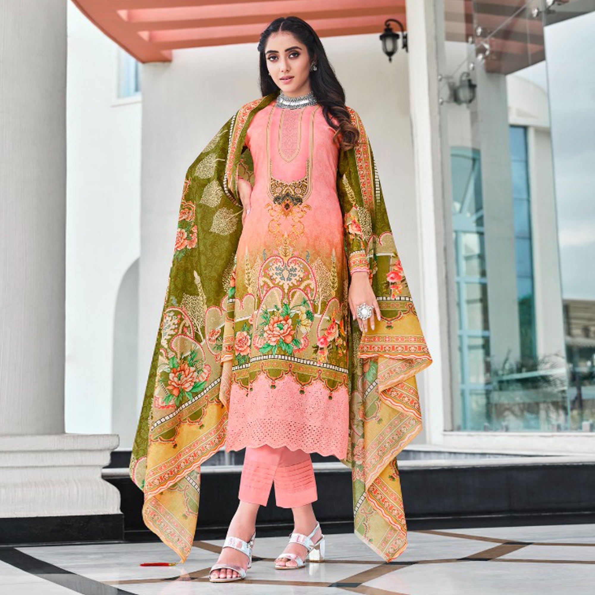 Pink And Green Digital Printed With Daman Embroidered Pure Cotton Pakistani Suit