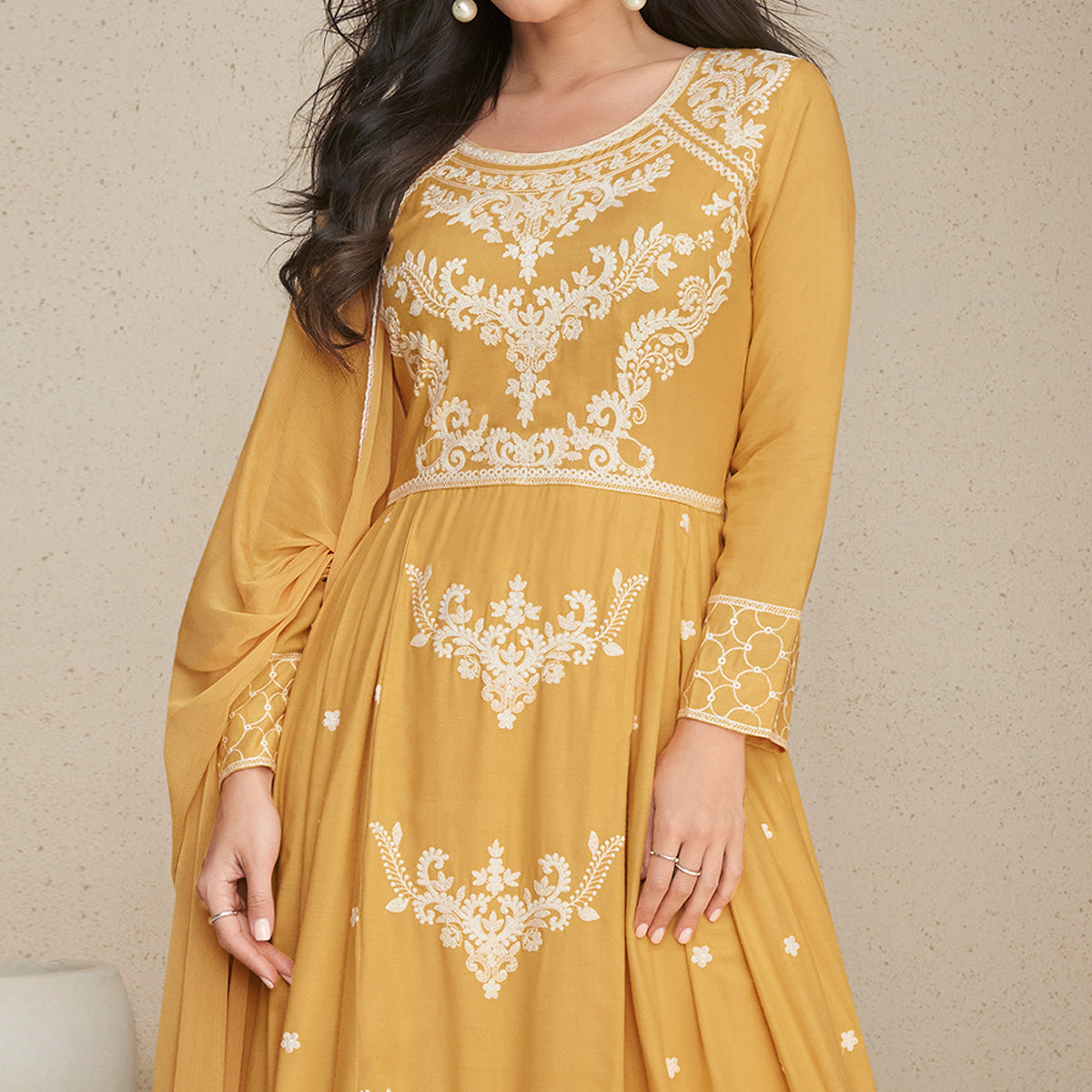 Mustard Lucknowi Embroidered Rayon Anarkali Suit