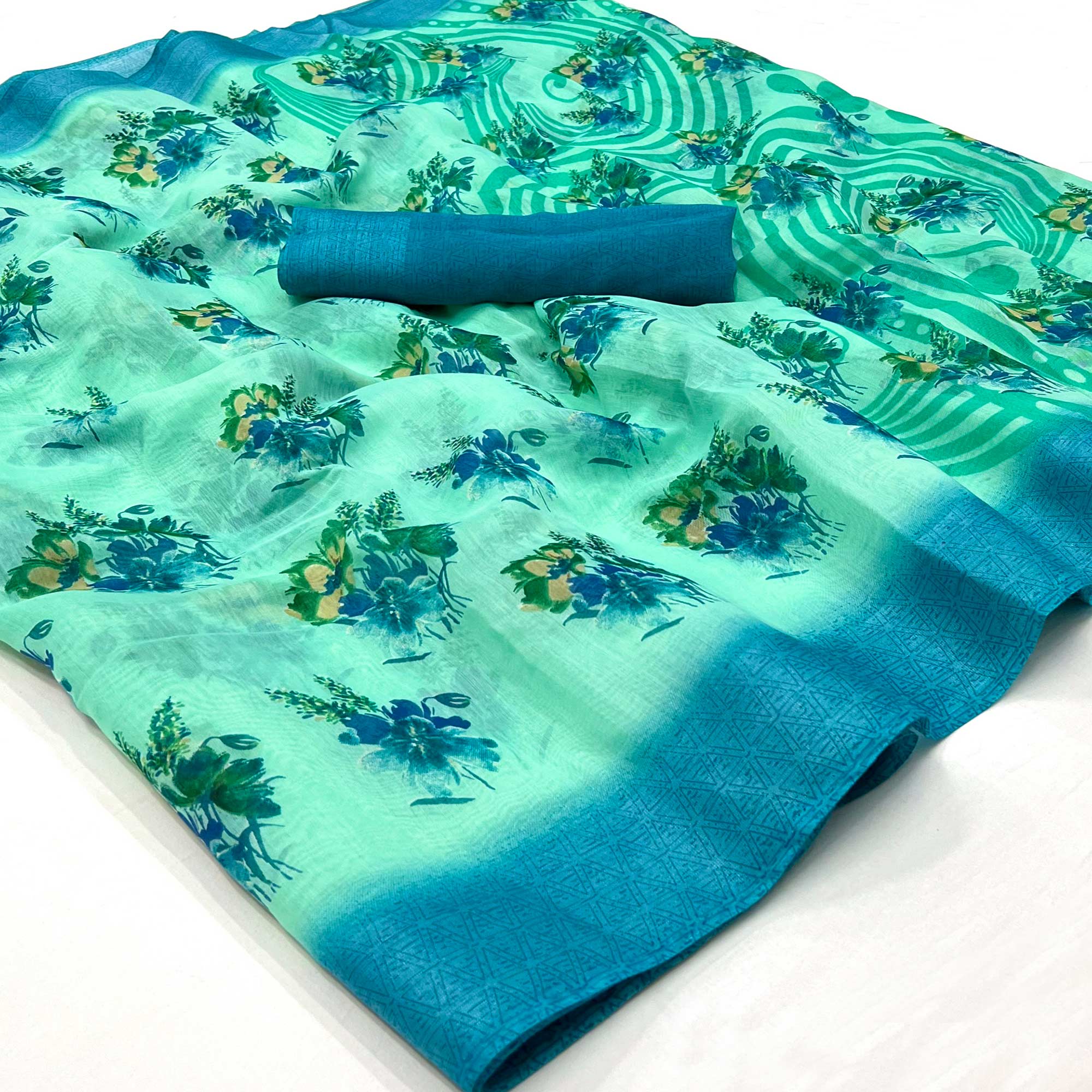Rama Green Floral Printed Linen Saree