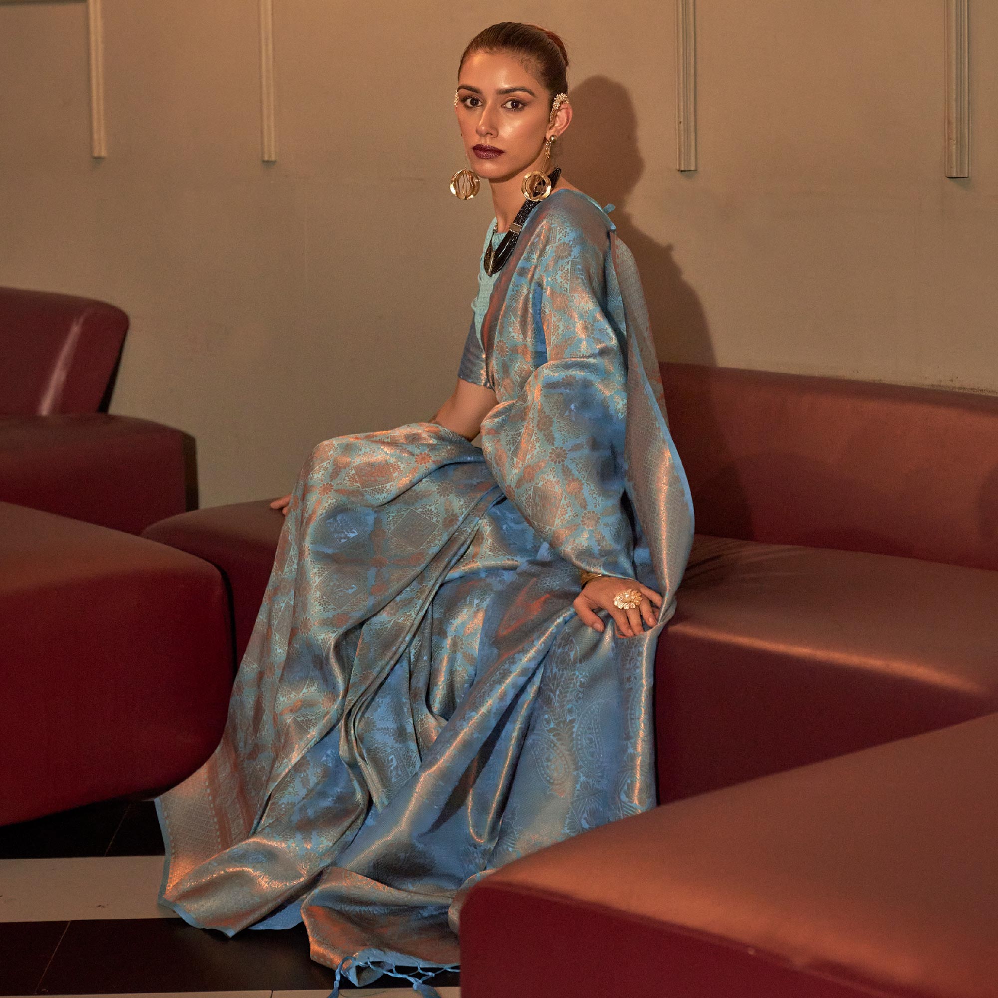 Blue Woven Art Silk Saree With Tassels