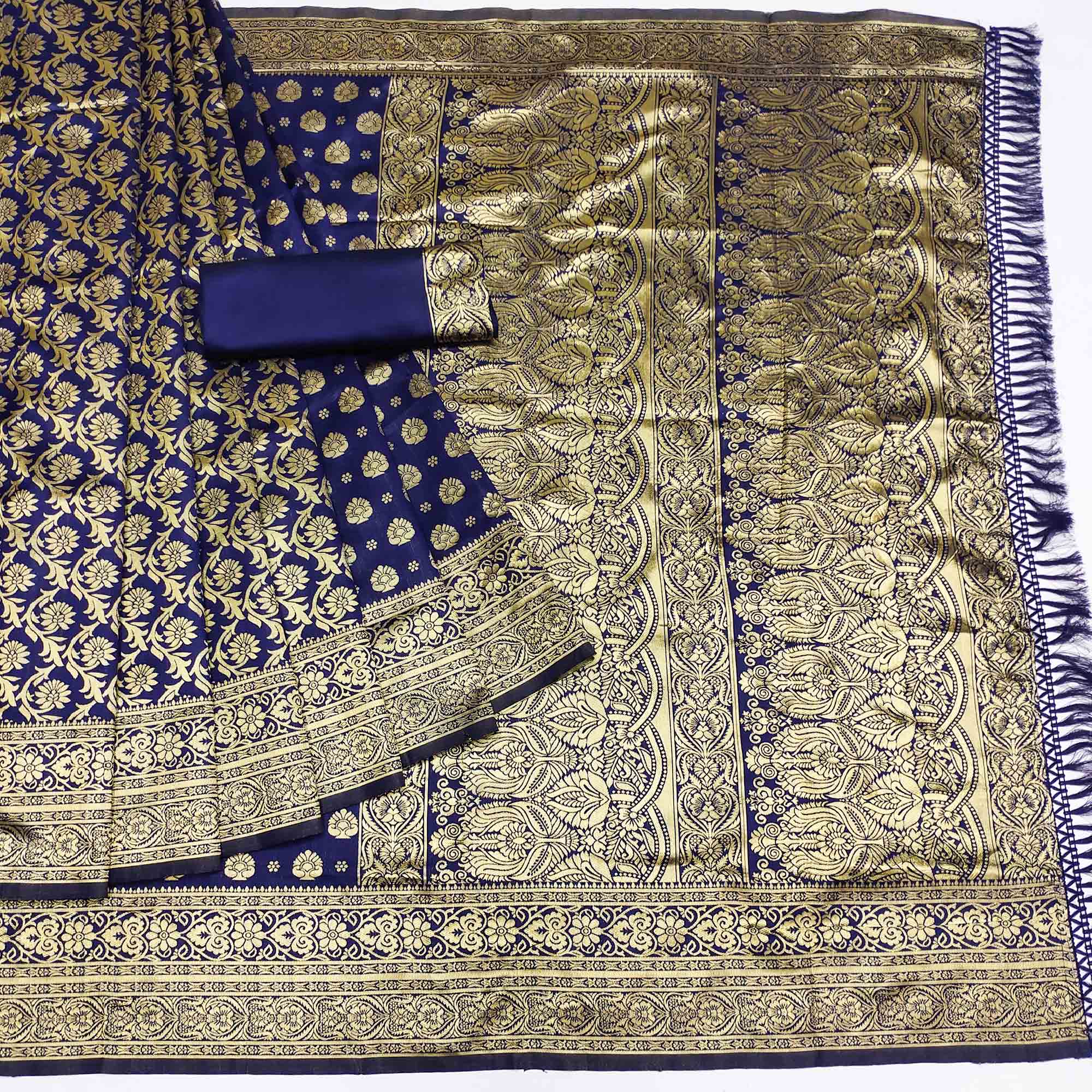Navy Blue Woven Jacquard Saree With Tassels
