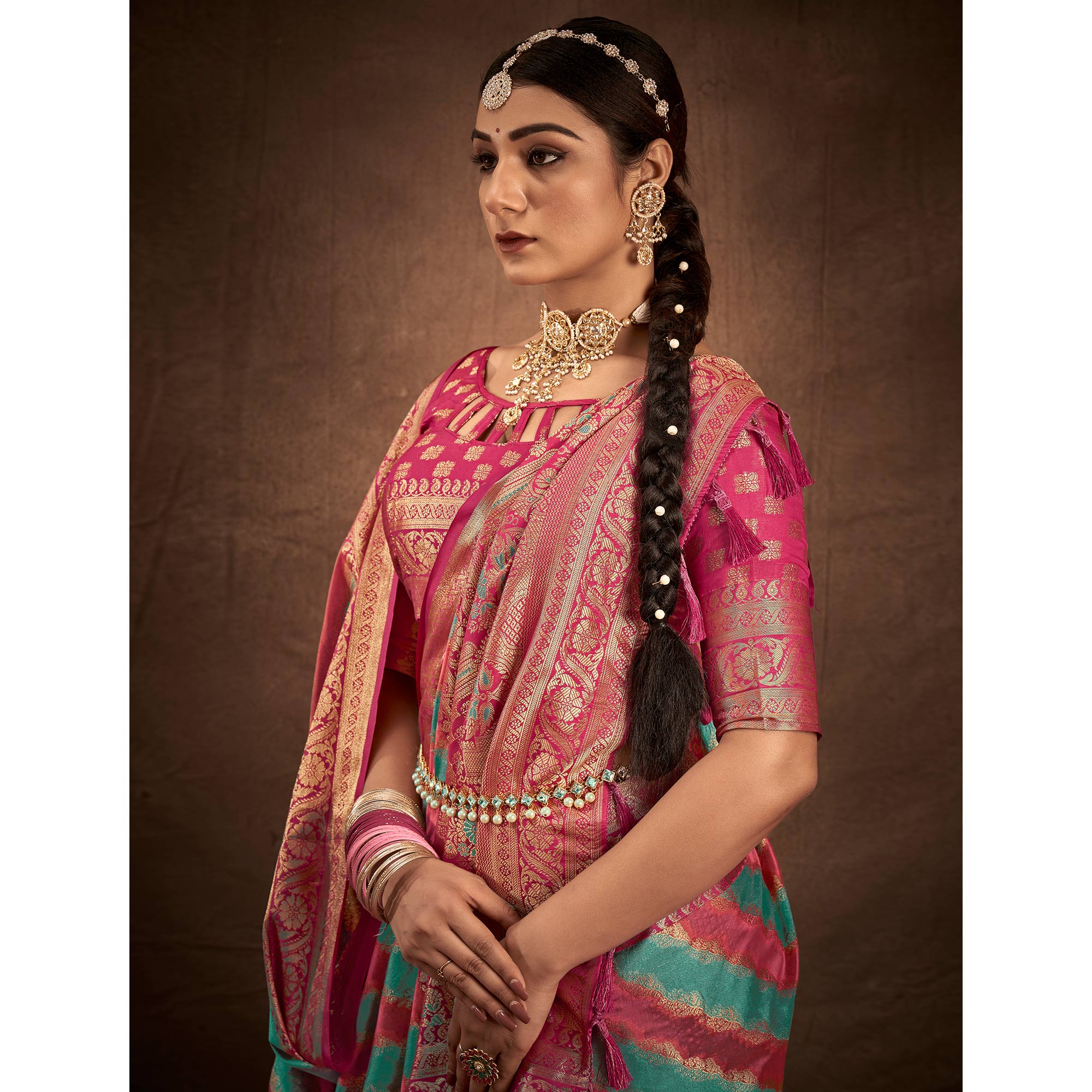 Blue & Pink Woven Art Silk Saree