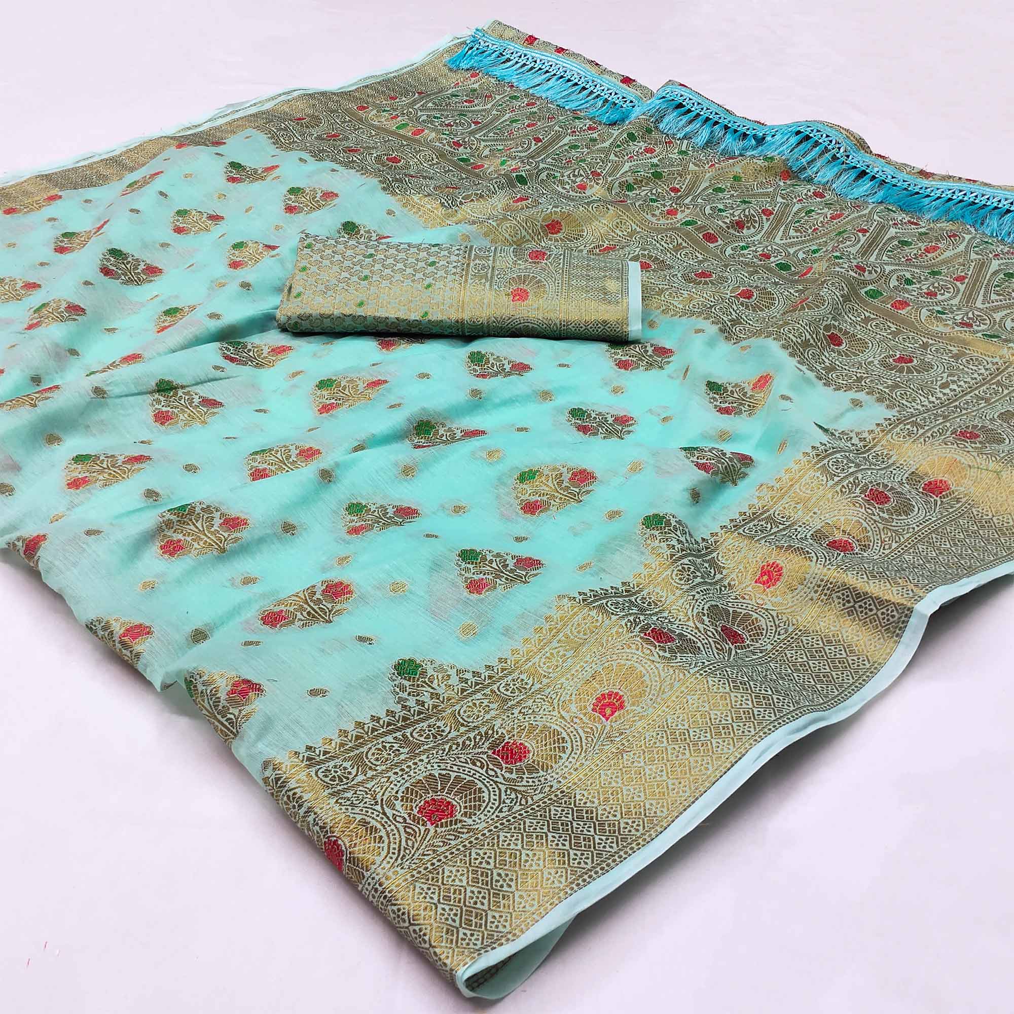 Blue Woven Cotton Blend Saree With Tassels