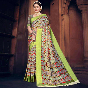 Green Digital Printed Cotton Blend Saree
