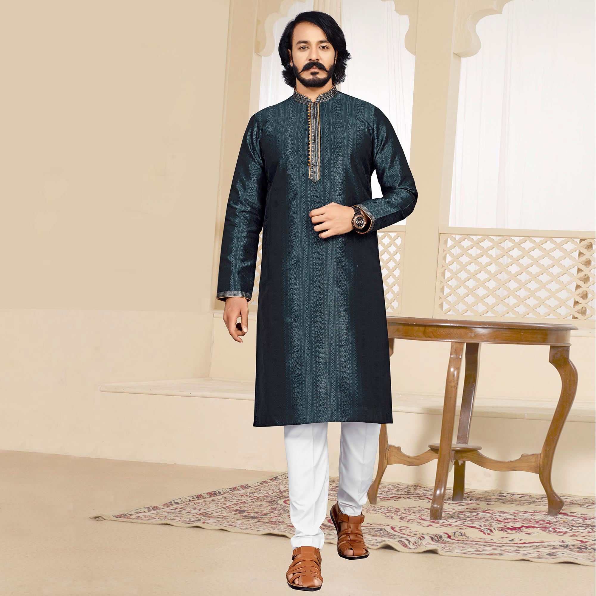 Teal Blue Woven Jacquard Kurta Pyjama Set