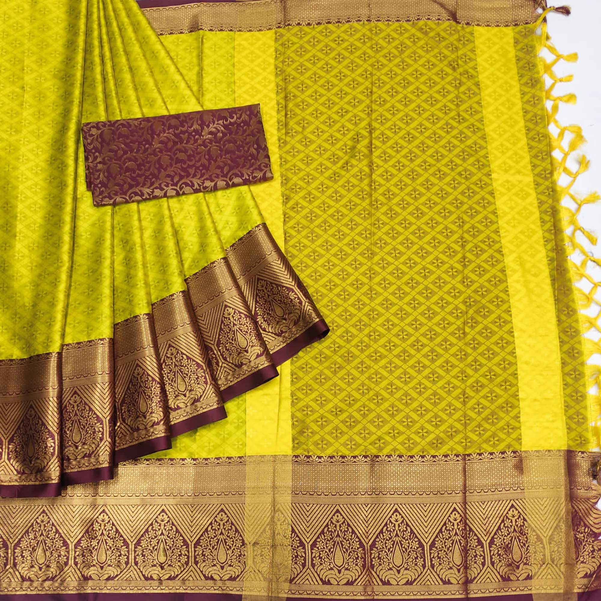 Lemon Green Woven Cotton Silk Saree With Tassels