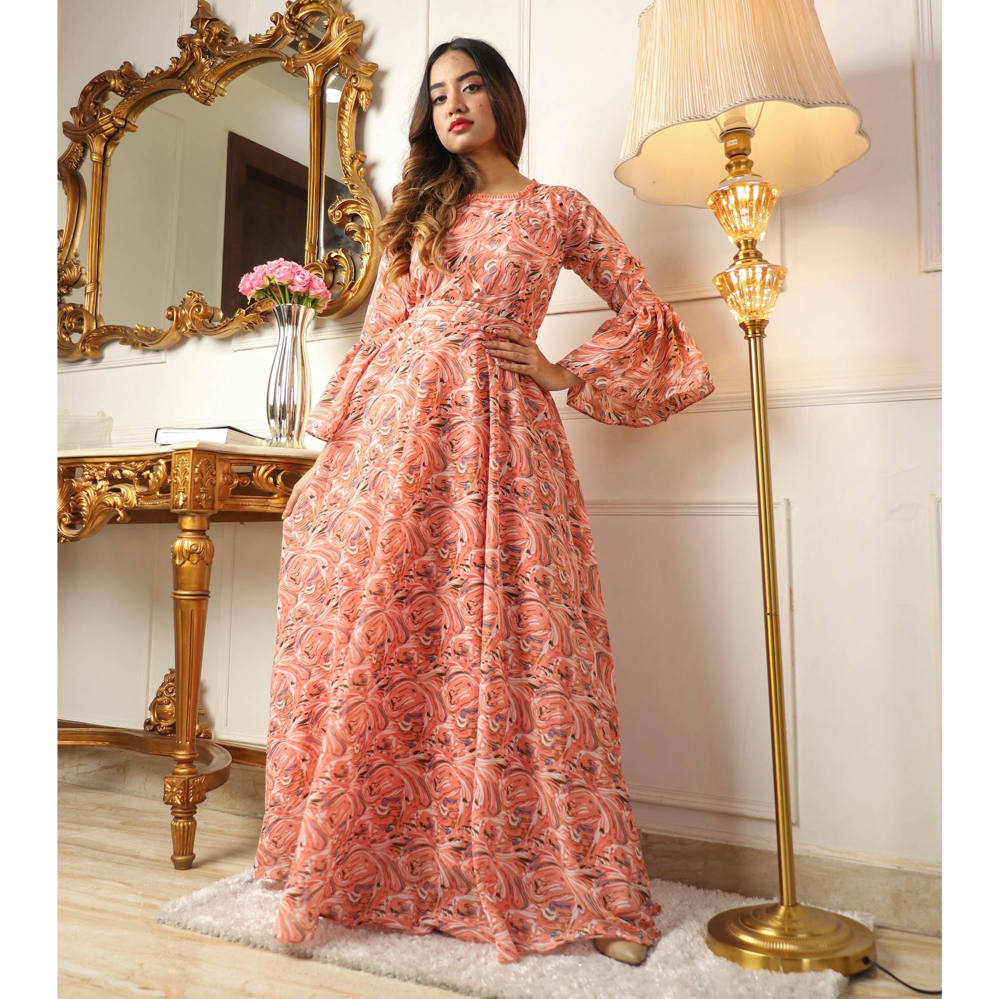 Peach Printed Georgette Gown