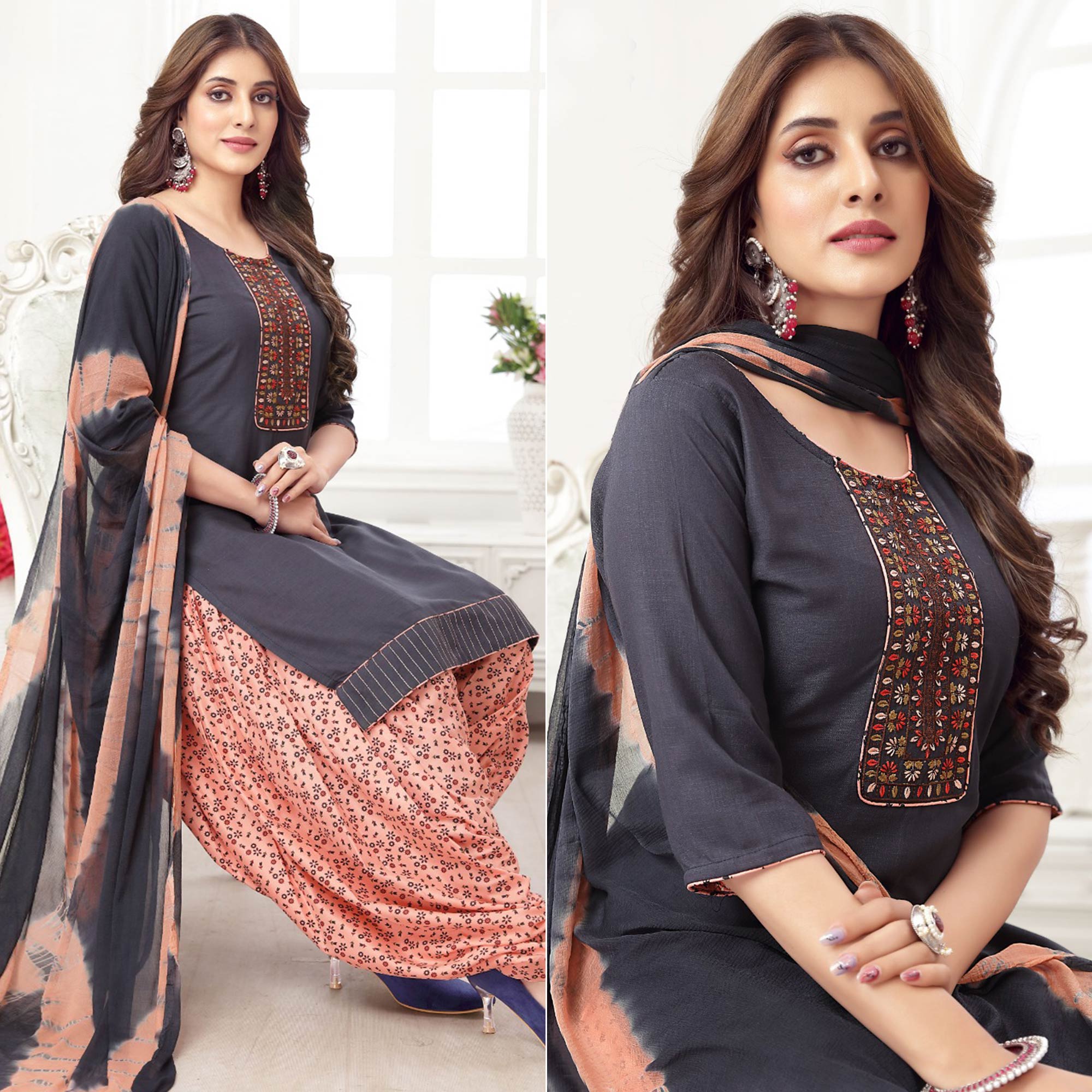 Dark Grey Embroidered Rayon Patiala Suit