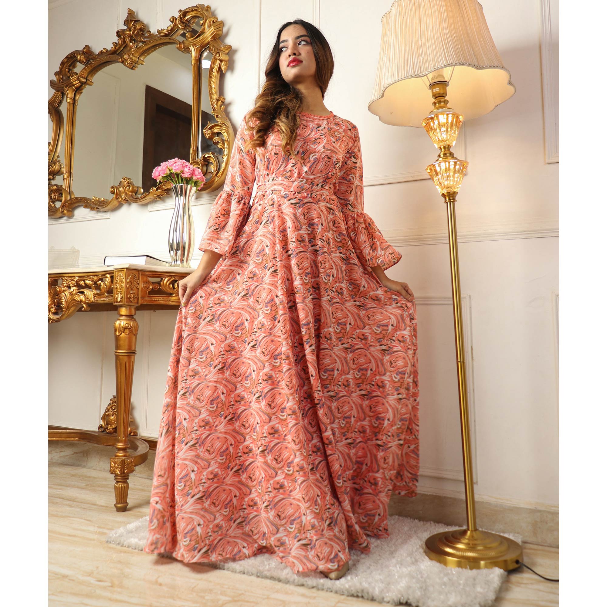 Peach Printed Georgette Gown