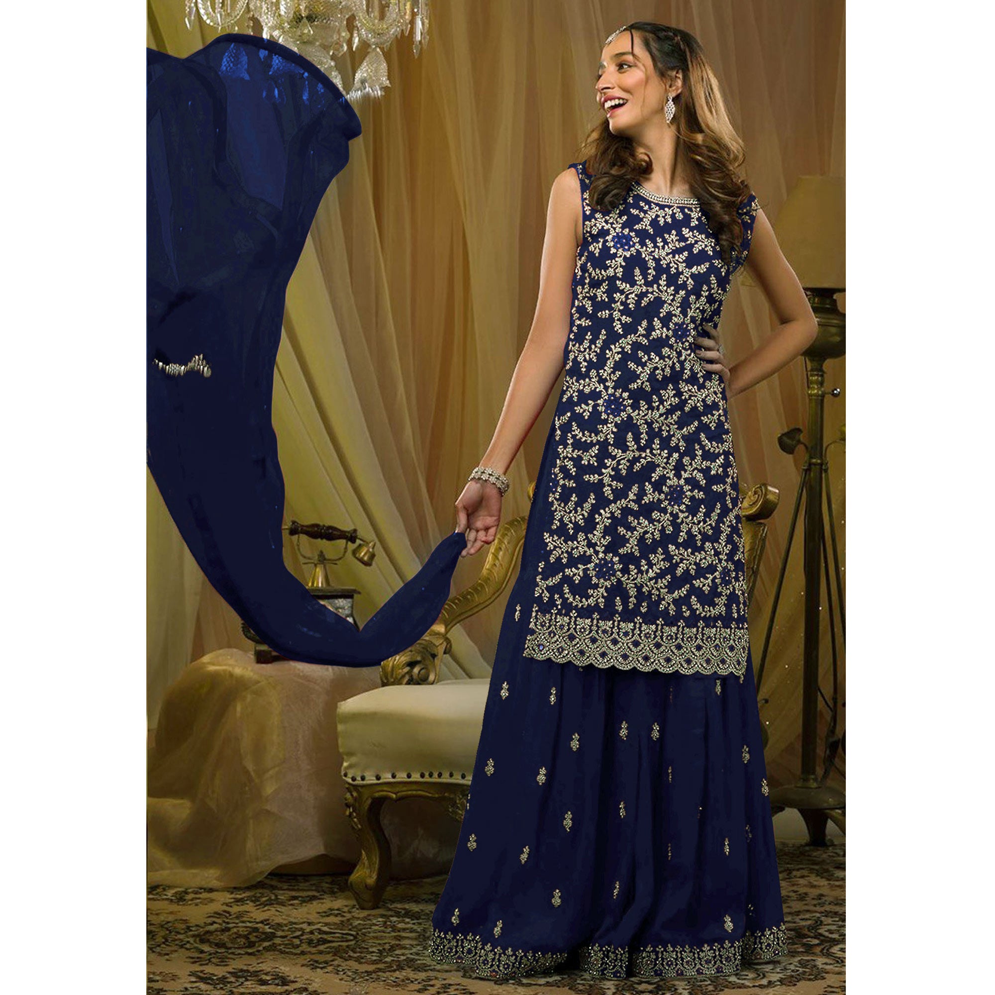 Blue Floral Embroidered Georgette Semi Stitched Sharara Suit