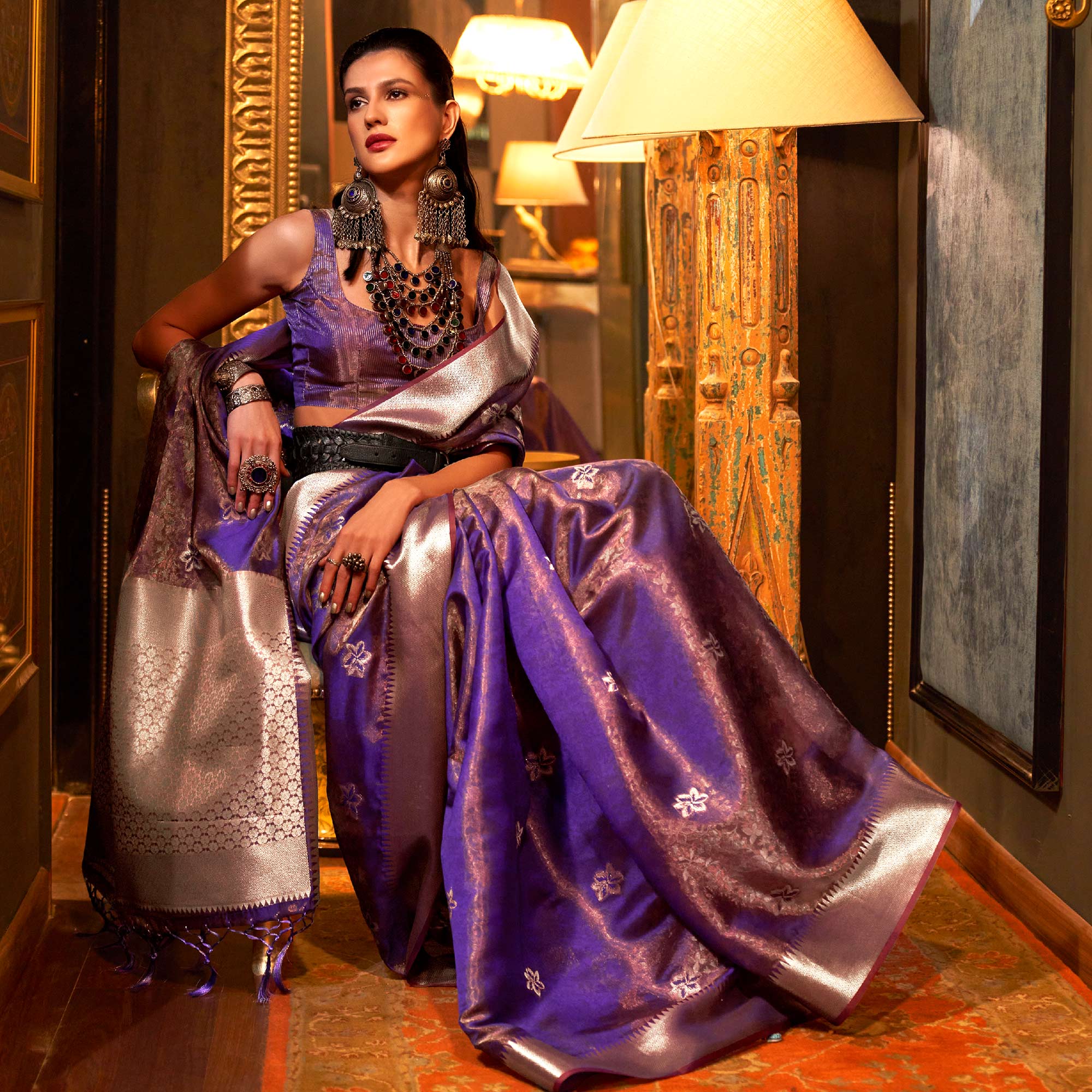 Purple Woven Organza Saree With Tassels