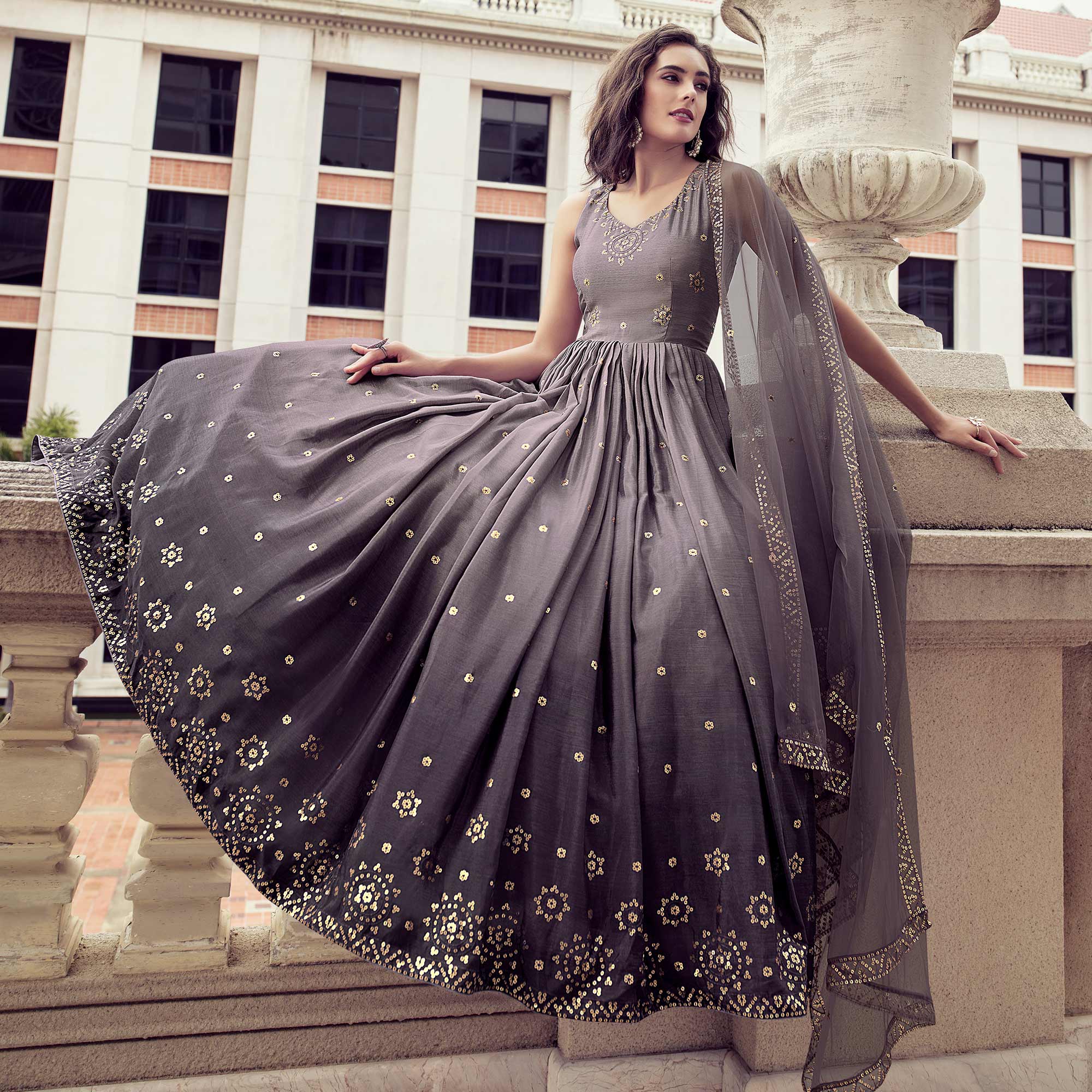 Light Violet Sequins Embroidered Chiffon Gown