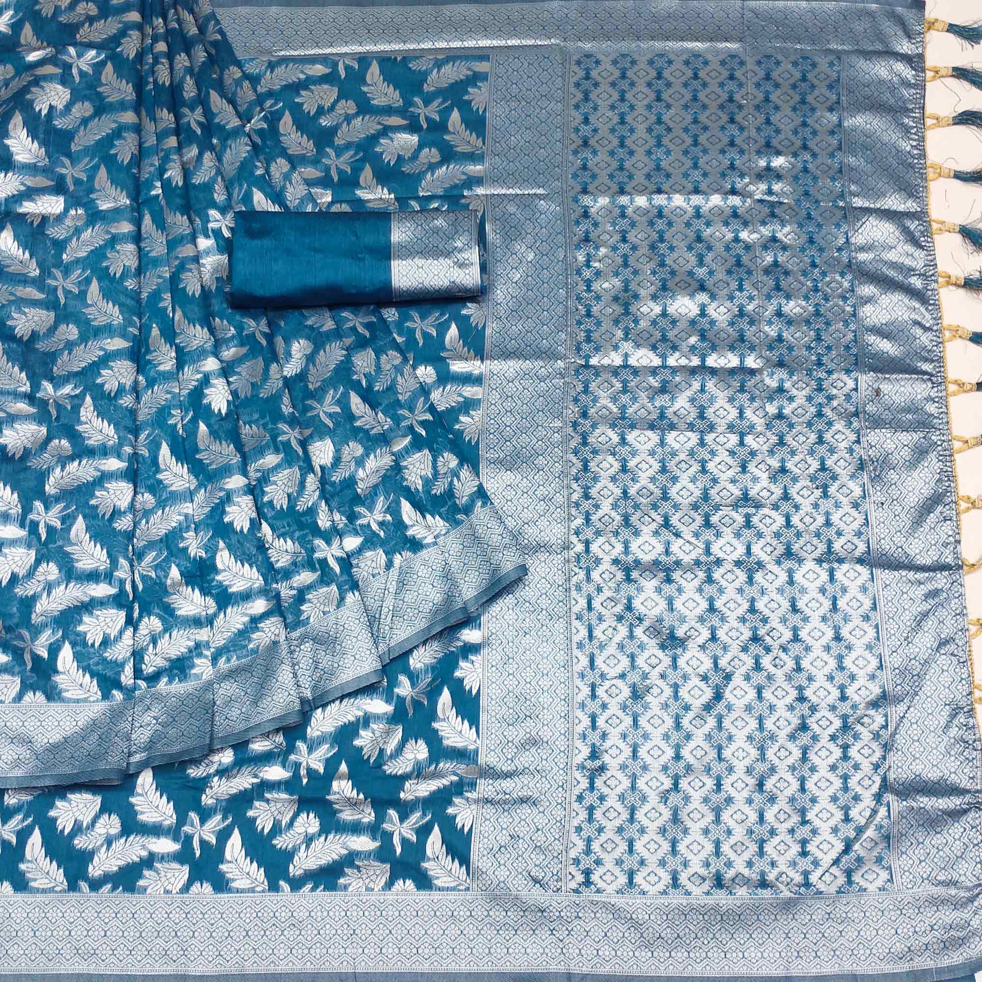 Blue Woven Cotton Silk Saree With Tassels