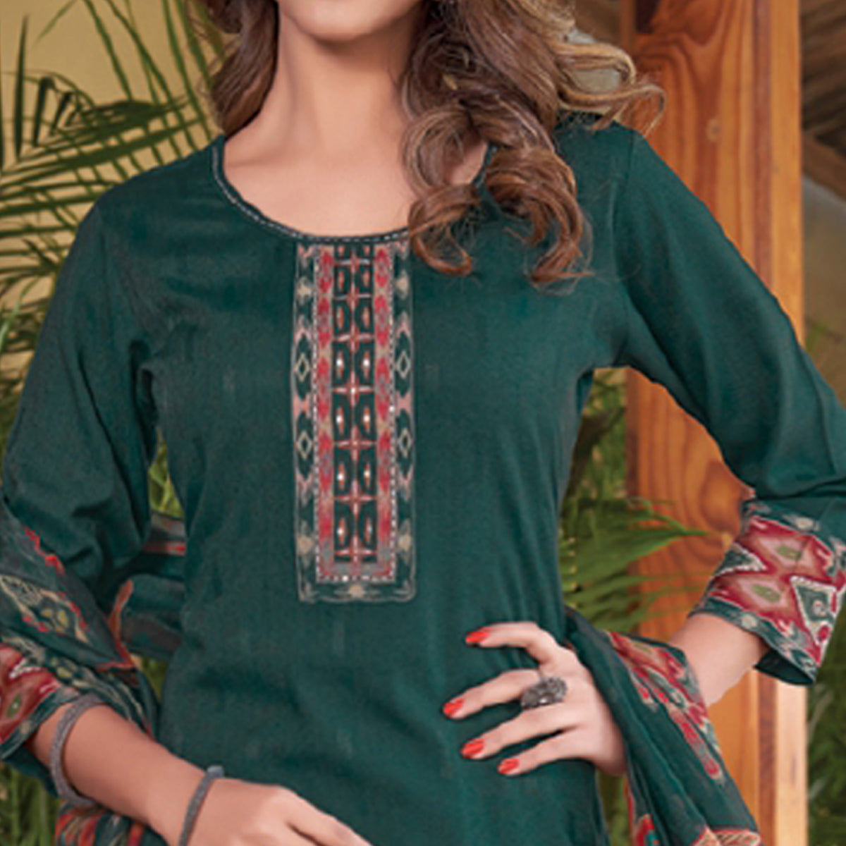 Green Embroidered Rayon Kurti With Dupatta
