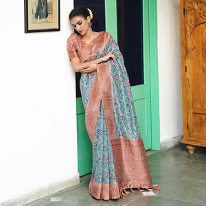 Blue Digital Printed Raw Silk Saree With Tassels