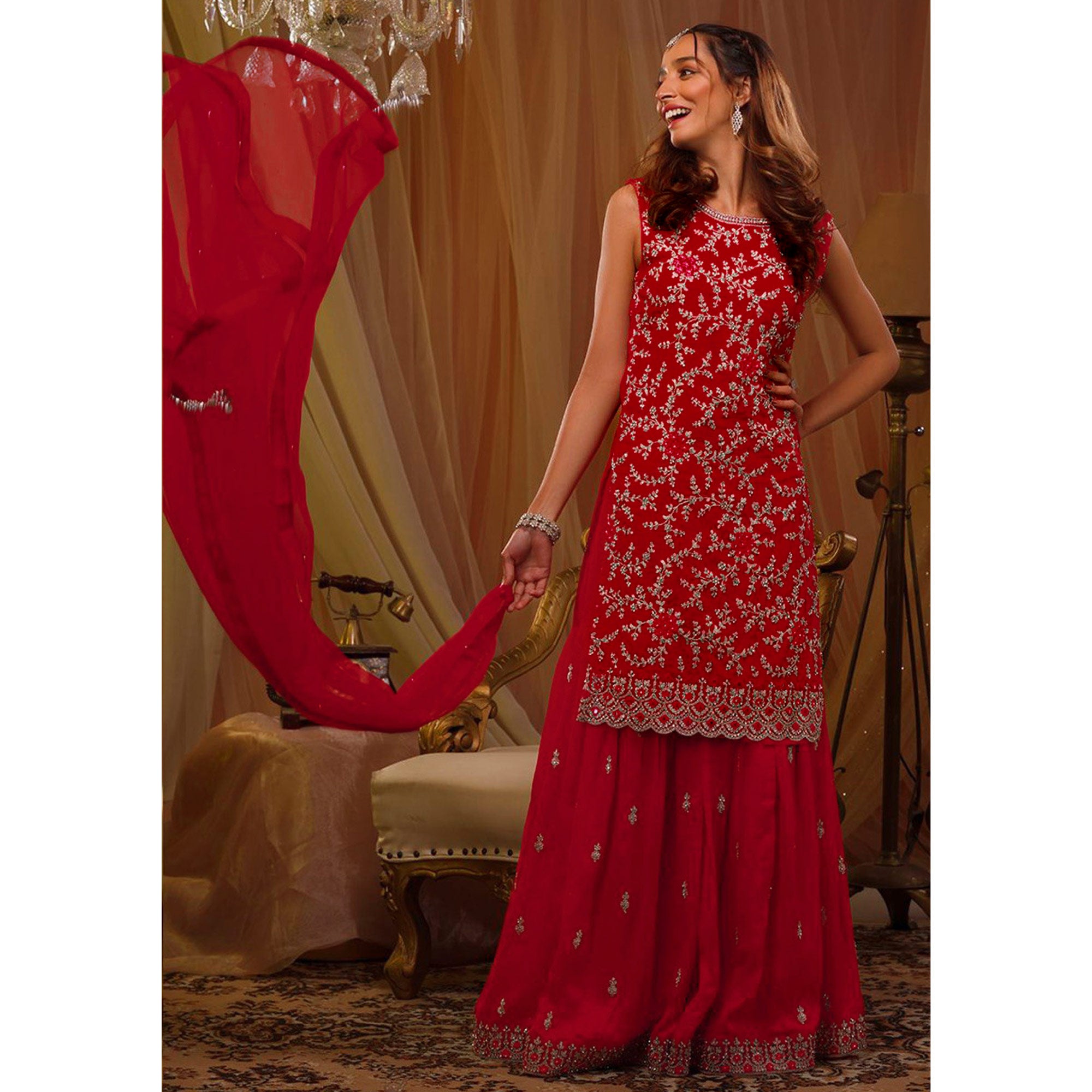 Red Floral Embroidered Georgette Semi Stitched Sharara Suit