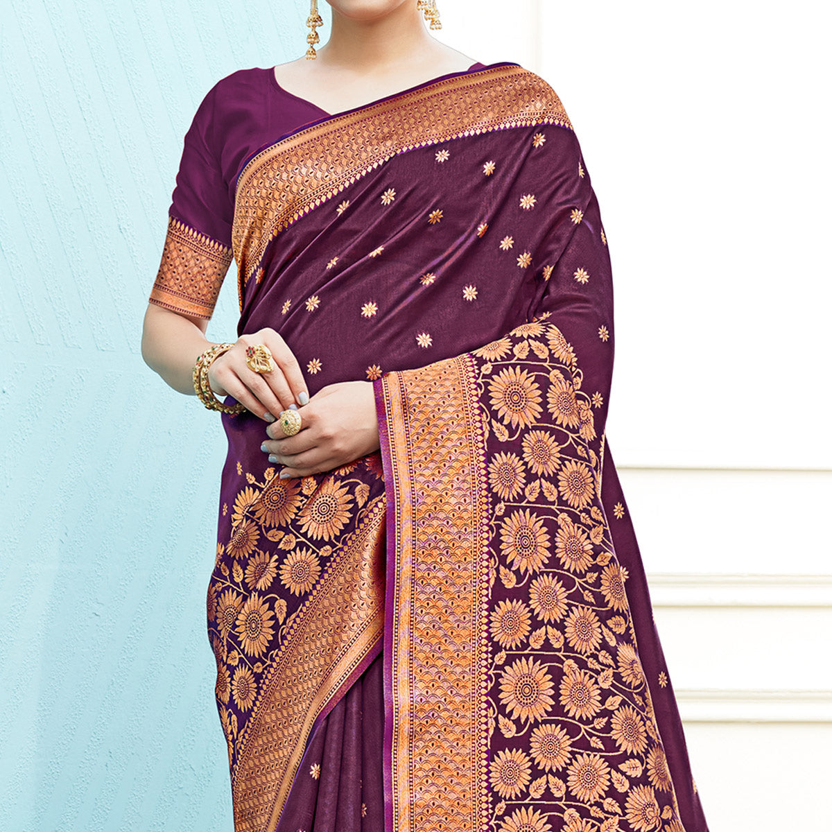 Purple Floral Woven Art Silk Saree