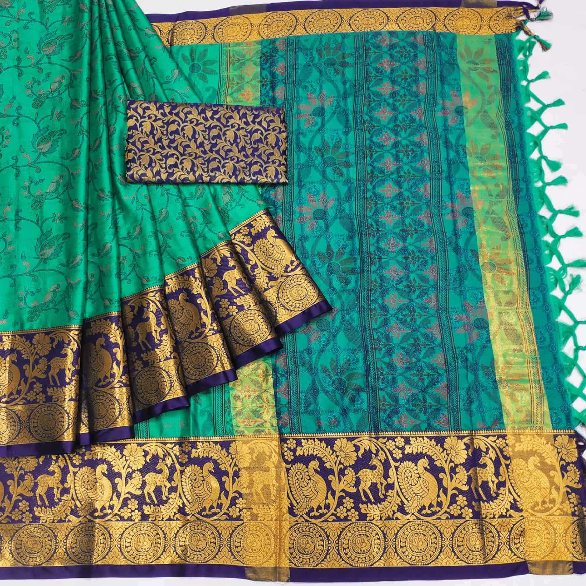 Rama Green Printed With Woven Border Cotton Silk Saree