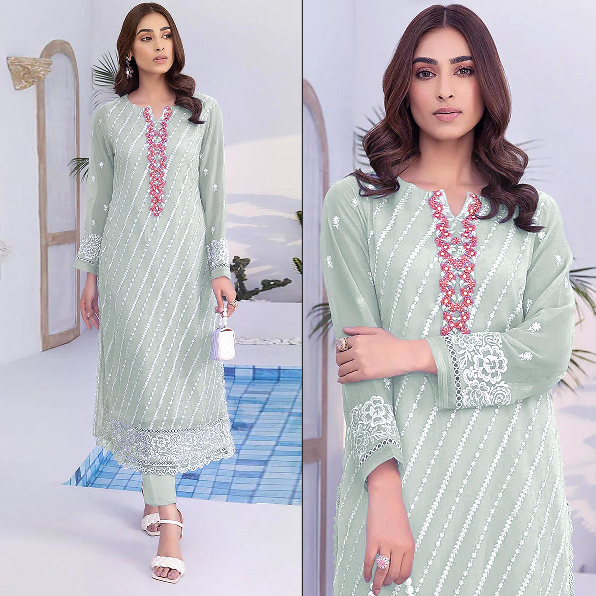 Green Floral Embroidered Georgette Semi Stitched Suit