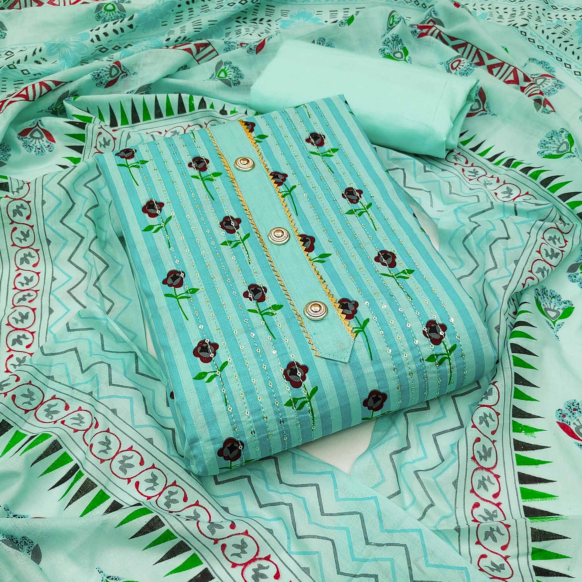 Blue Printed With Sequins Embroidered Pure Cotton Dress Material