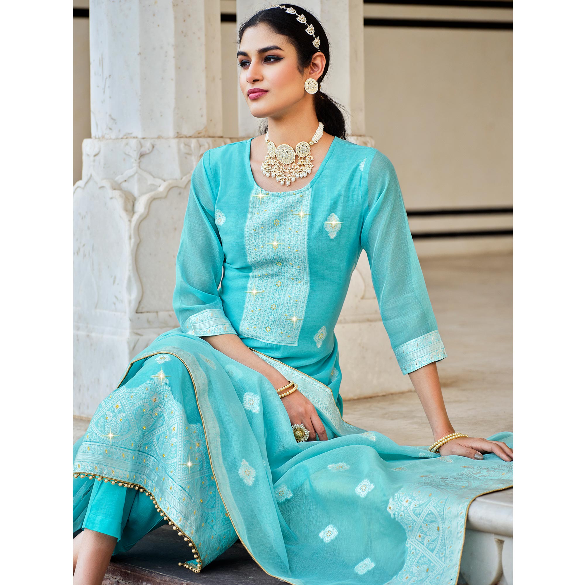 Aqua Blue Woven Pure Cotton Suit