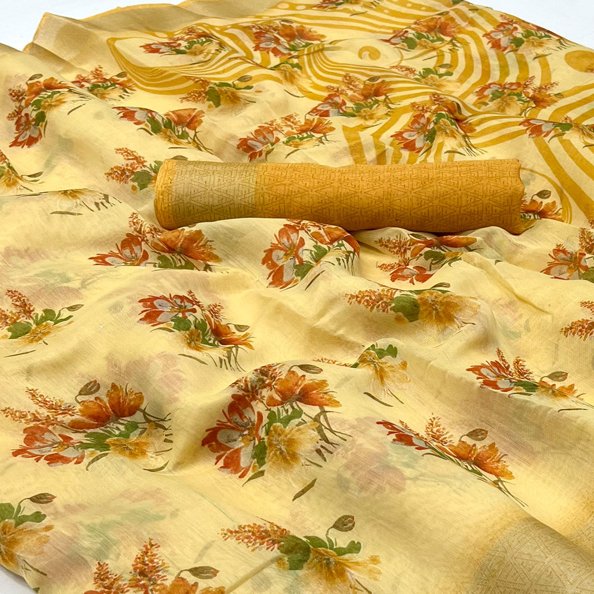 Yellow Floral Printed Linen Saree
