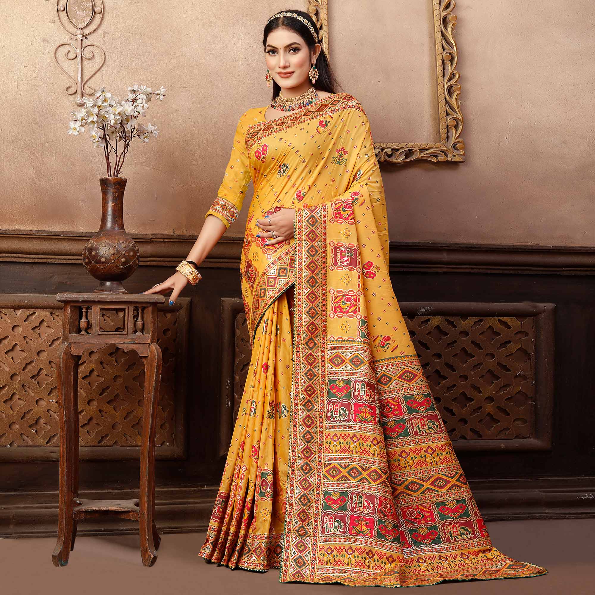 Yellow Woven With Gota Patti Work Pashmina Saree