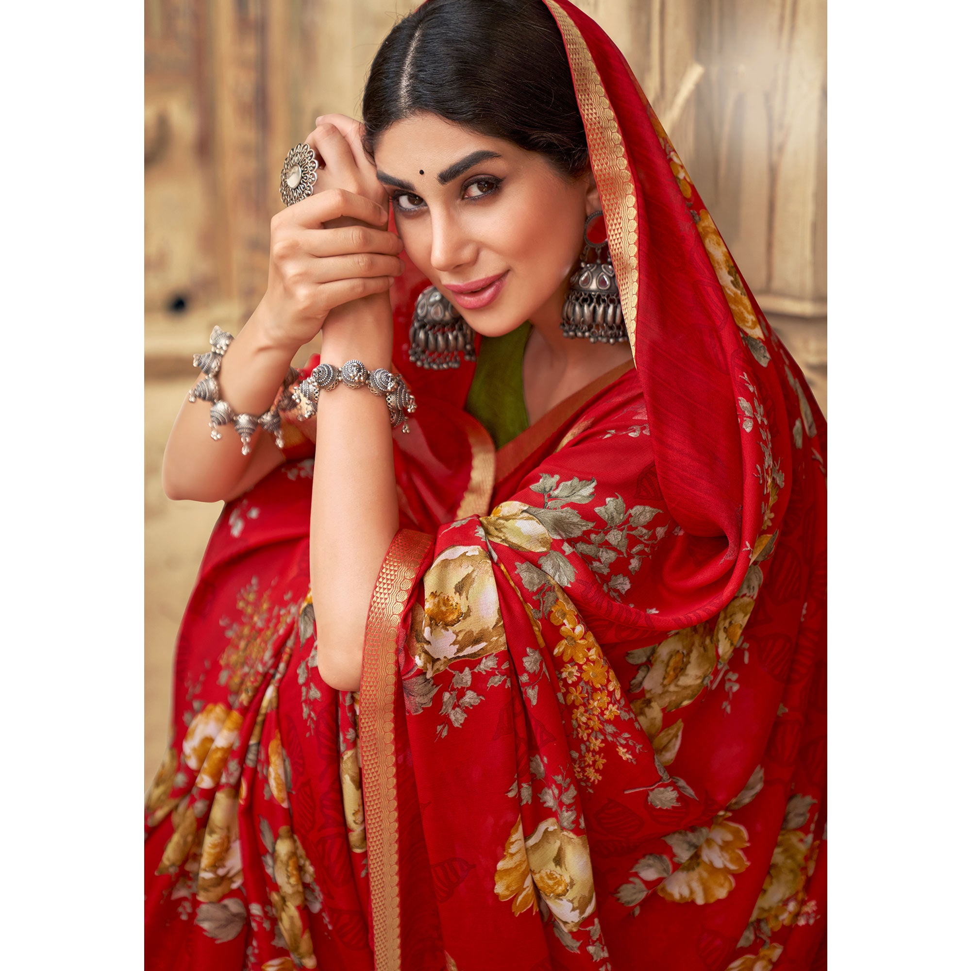Red Floral Printed Chiffon Saree