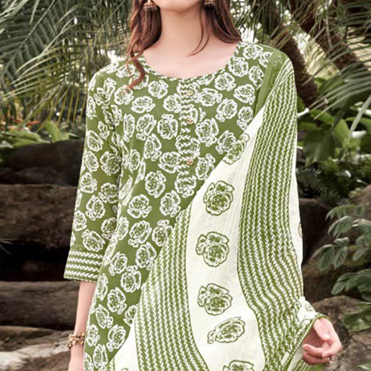 Green Floral Printed Cotton Blend Suit