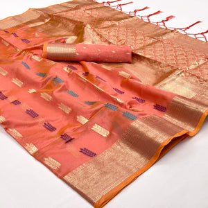 Dark Peach Floral Woven Organza Saree