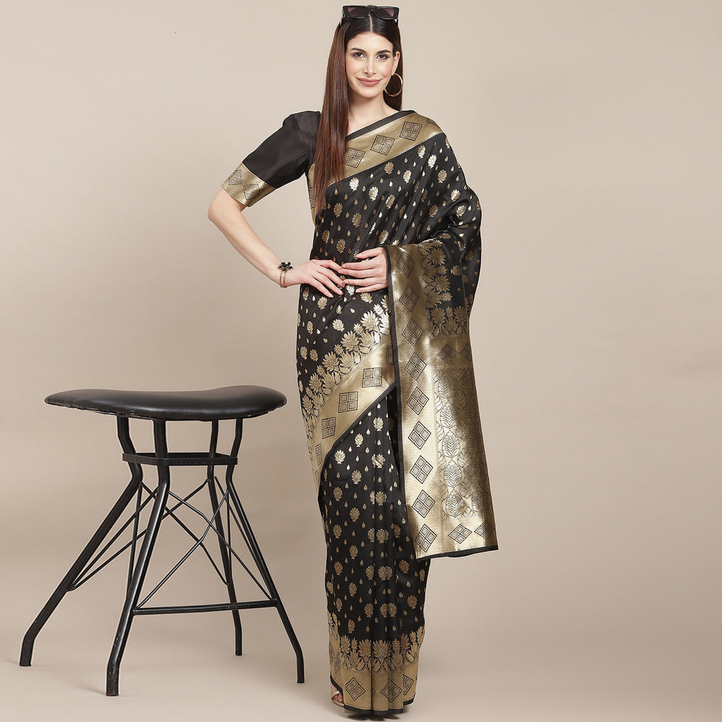 Black Varni Fabrics Women's Traditional Banarasi Silk Saree with Woven Design & Blouse