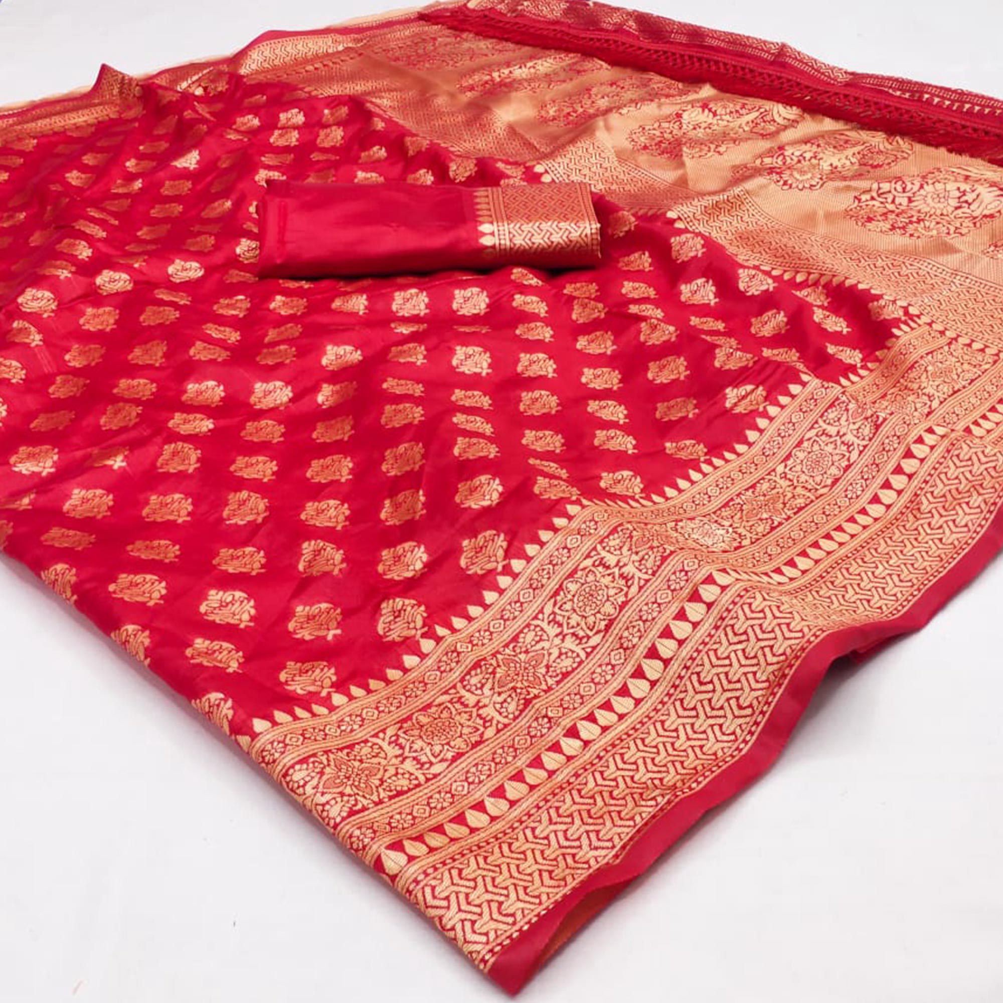 Red Woven Jacquard Saree With Tassels